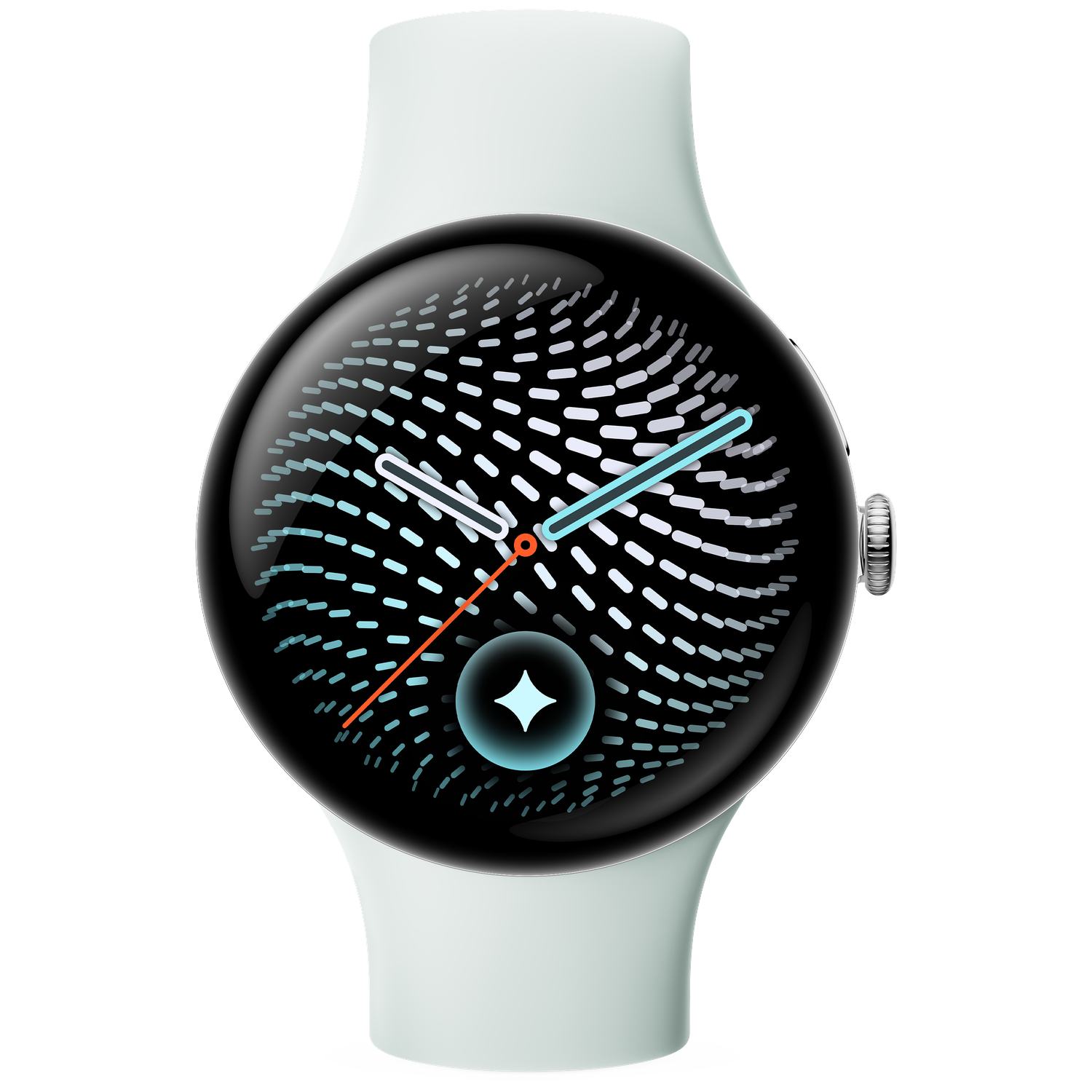 Smartwatch met wit bandje en rond scherm met een abstraherend stippenpatroon en wijzers op een zwarte achtergrond.