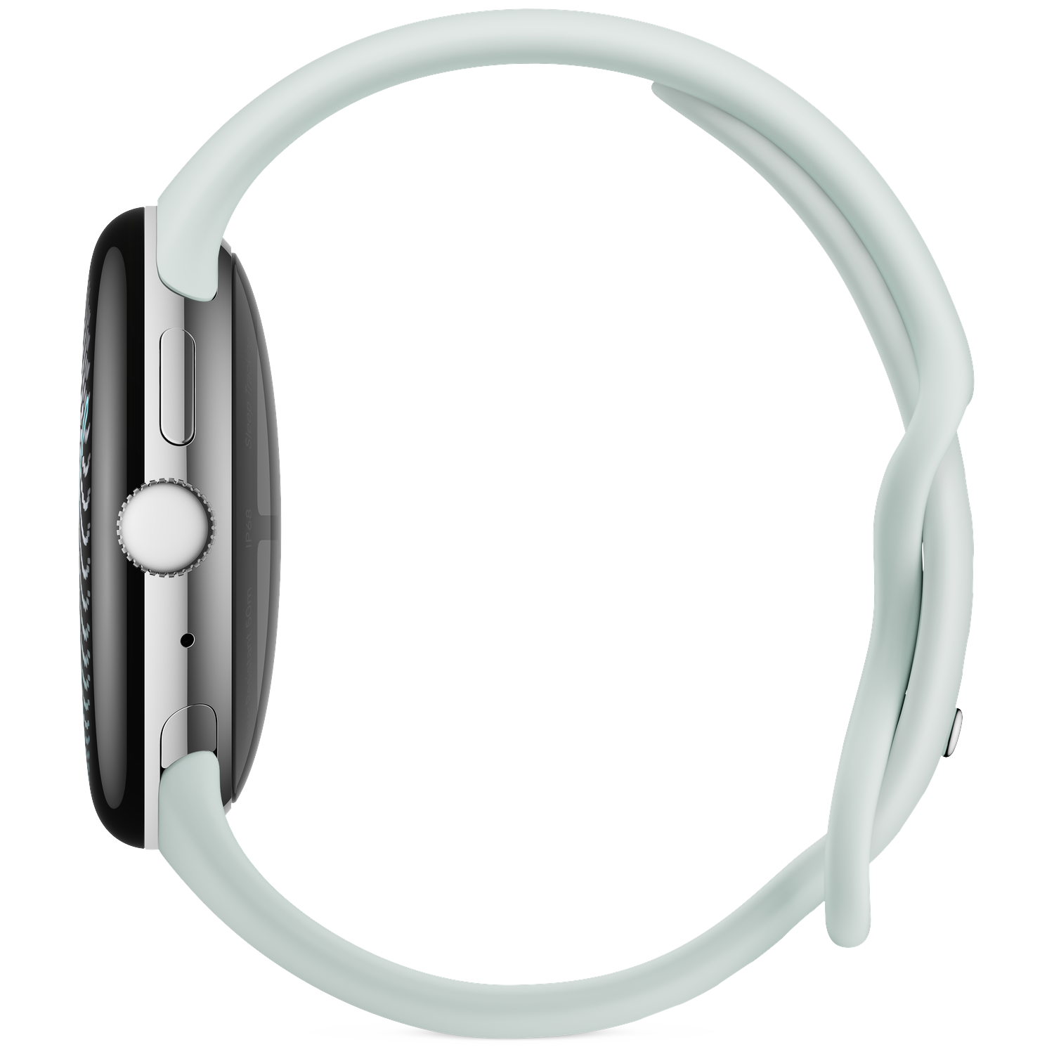Zijaanzicht van een smartwatch met metalen kast en lichtgroene siliconen band op een zwarte achtergrond.