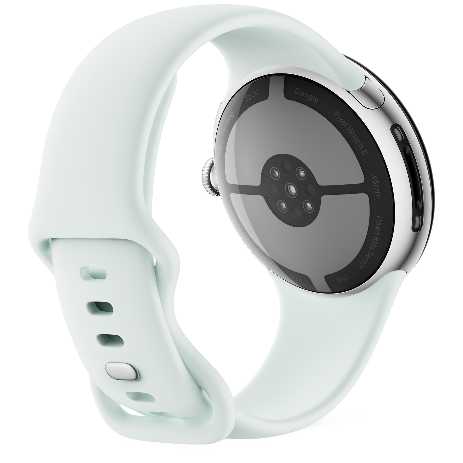 Achterkant van een lichtgroene smartwatch met sensoren op zwarte achtergrond.