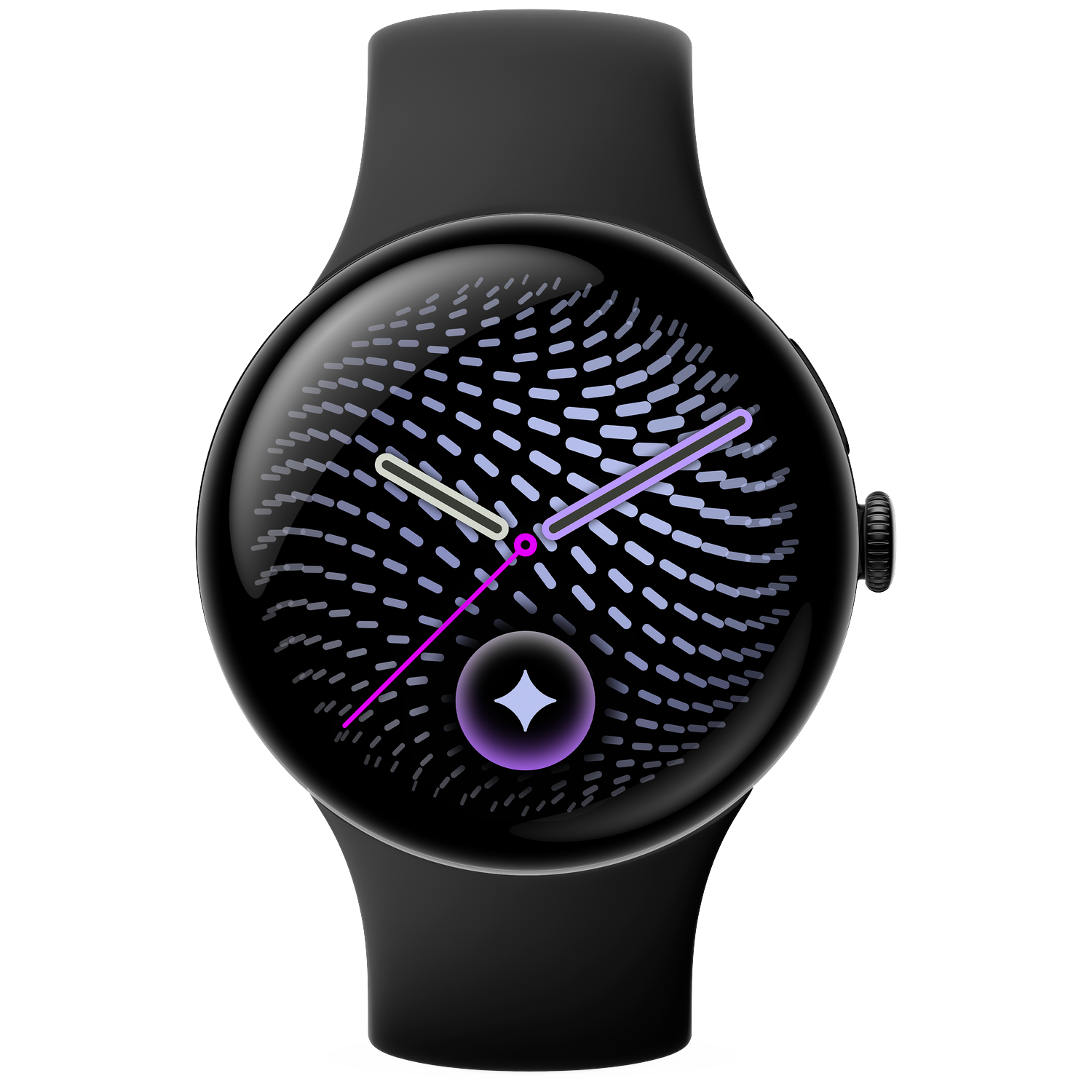 Een zwarte smartwatch met een rond scherm toont analoge wijzers op een paarse achtergrond met patroon.