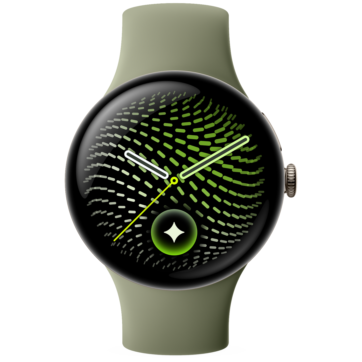 Olijfgroene smartwatch met rond scherm, groen-wit patroon op de wijzerplaat en kroon op zwarte achtergrond.