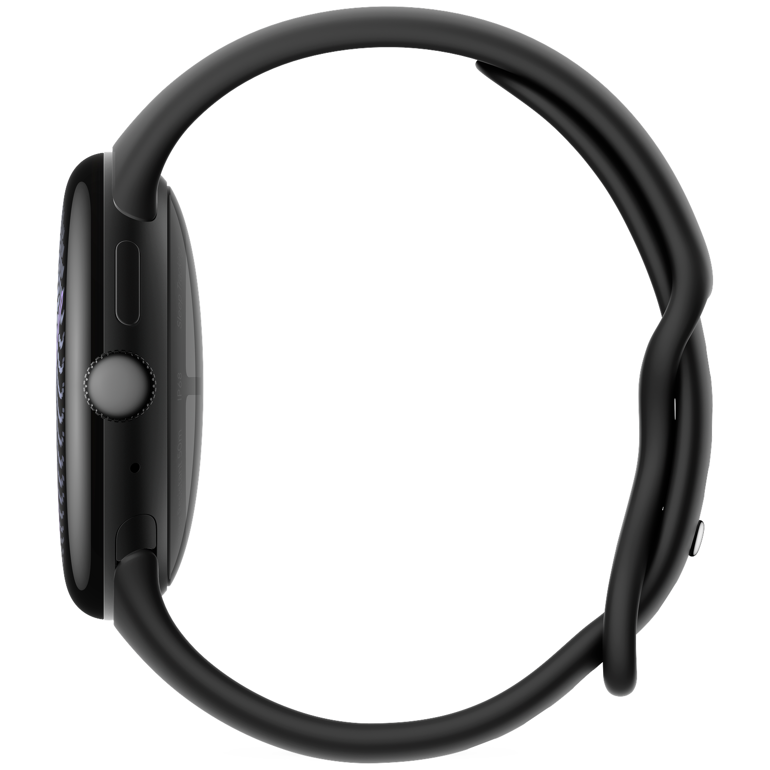 Een zwarte smartwatch met ronde kast en bandje op een zwarte achtergrond.