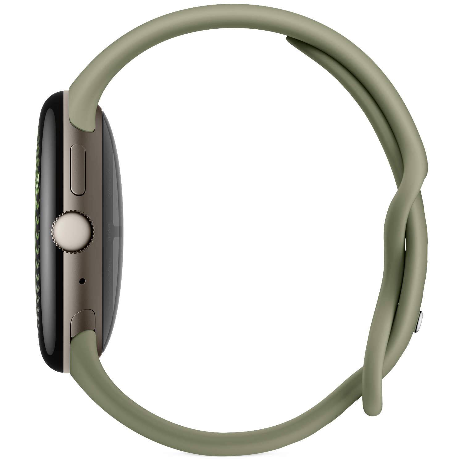 Zijaanzicht van een smartwatch met een groene band en kast.