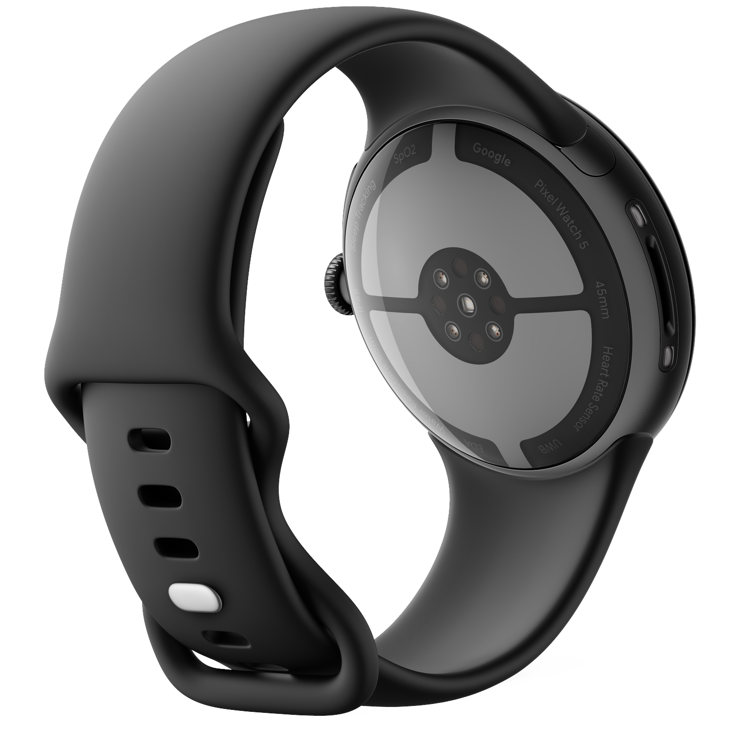 Een zwarte smartwatch toont de achterste sensoren en band.