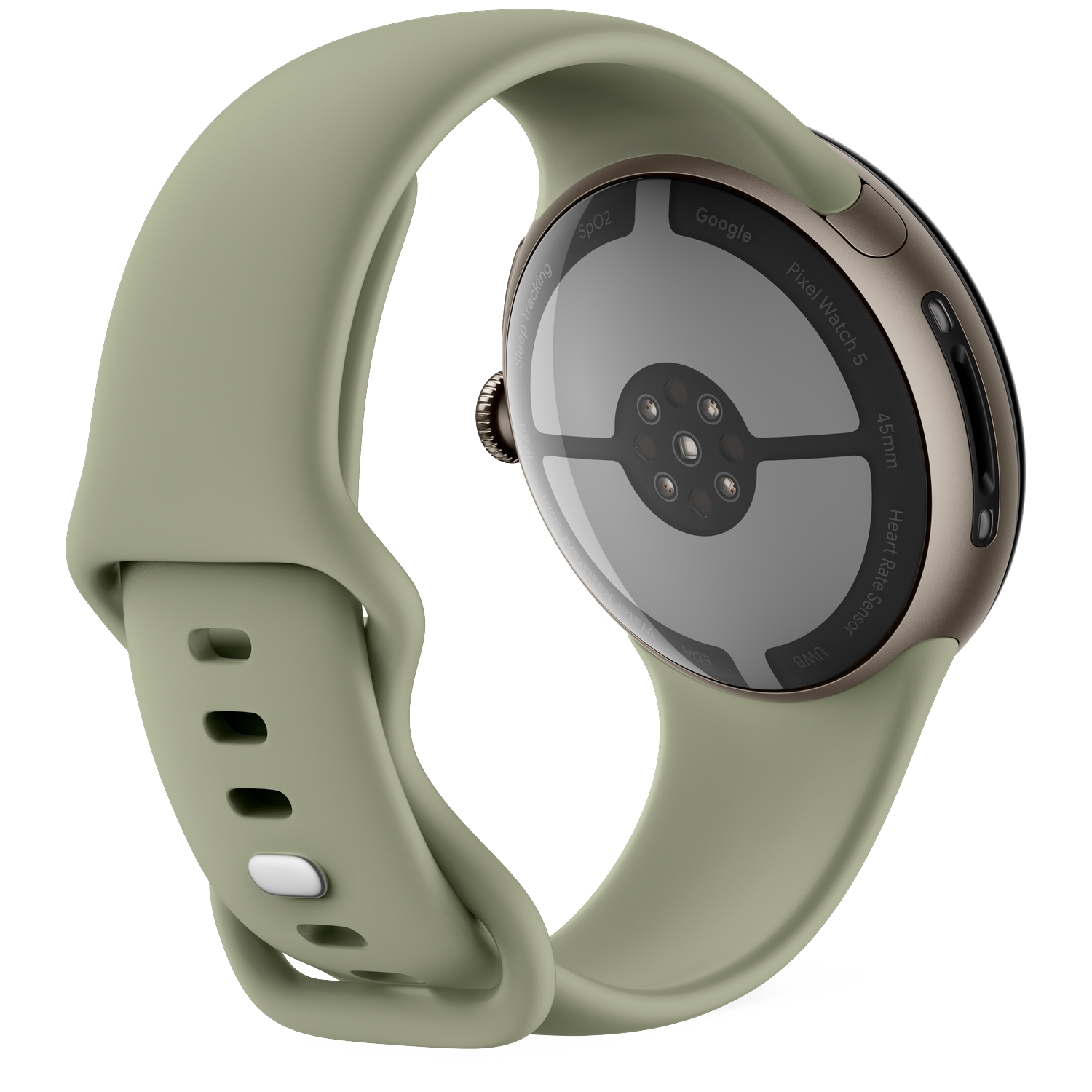 Achterkant van een lichtgroene smartwatch met sensoren op een zwarte achtergrond.