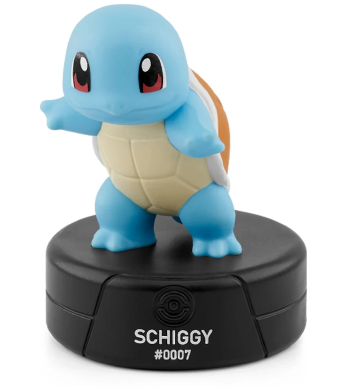 Blaue Squirtle-Spielfigur auf einem schwarzen runden Sockel mit weißem Aufdruck.