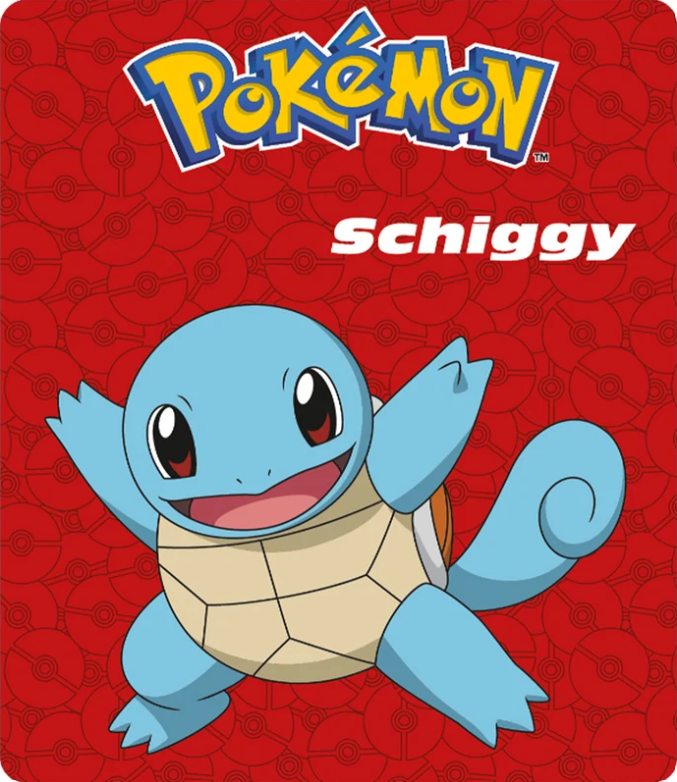 Schiggy Pokémon auf rotem Pokéball-Hintergrund mit Logo.