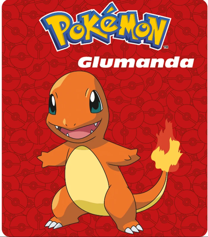 Das Pokemon Glumanda steht vor rotem Hintergrund mit Pokemon-Logo und dem Namen Glumanda.