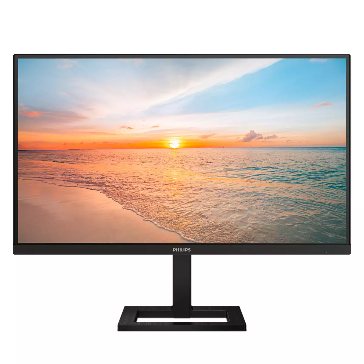 Ein schwarzer Philips Monitor zeigt ein lebhaftes Bild von einem Sonnenuntergang über dem Meer an einem Strand.