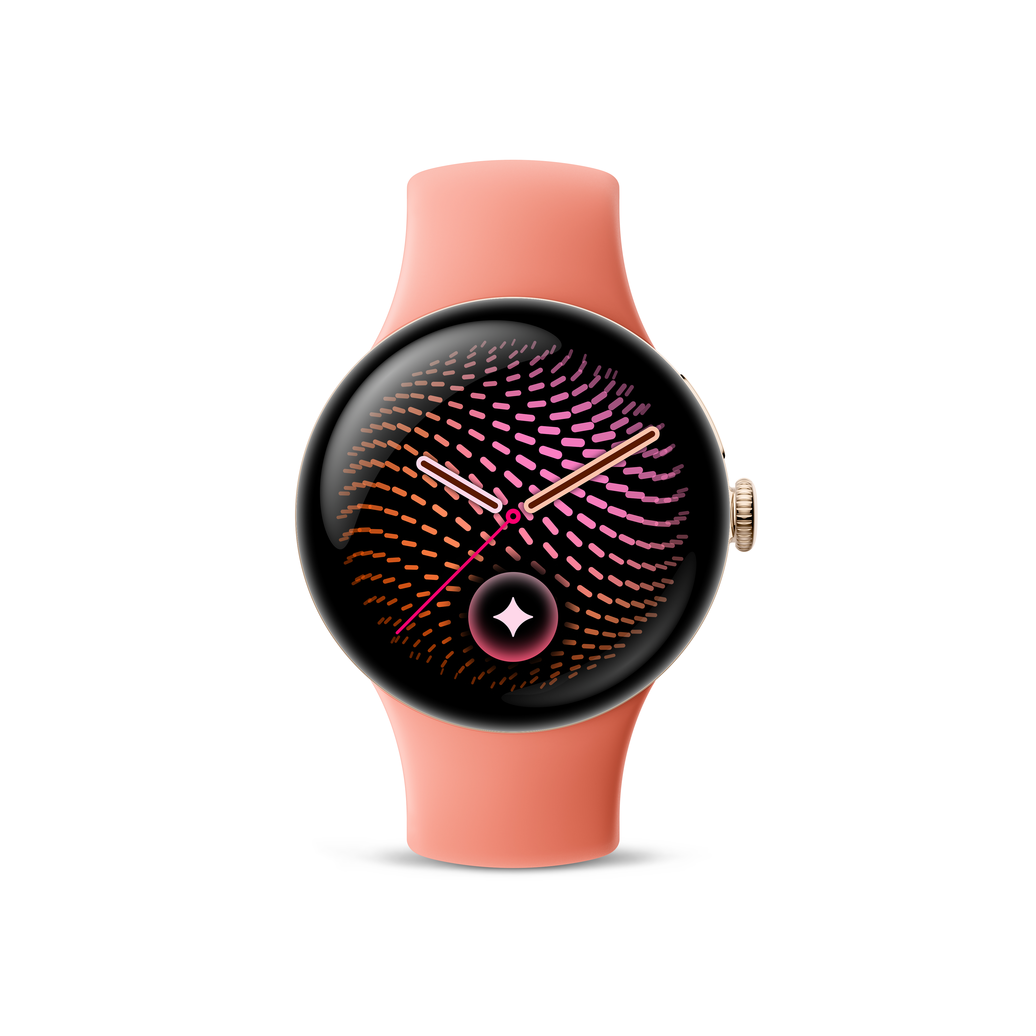Eine rosa Smartwatch mit rundem Display, goldenem Gehäuse und einem Muster aus bunten Linien.