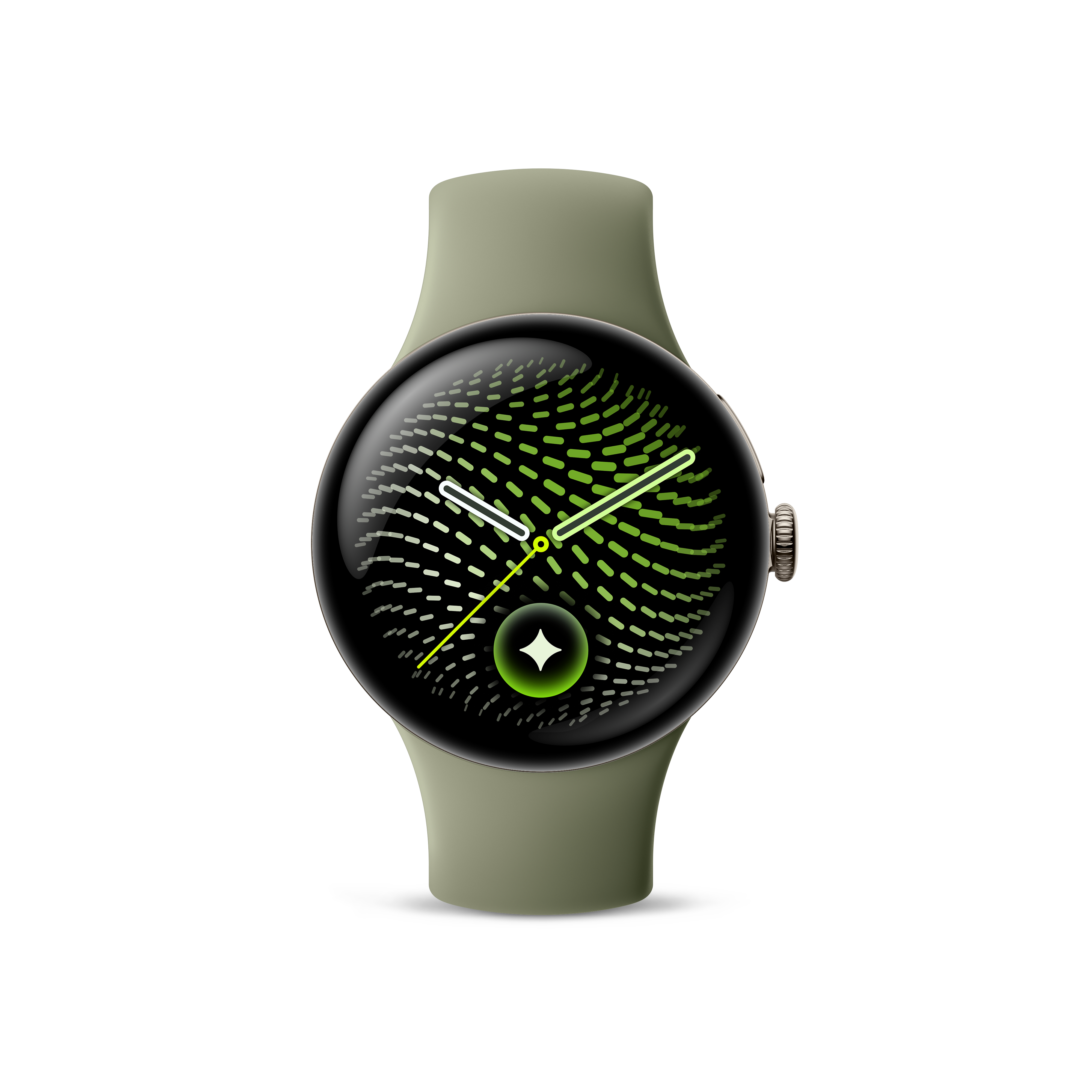 Eine grüne Smartwatch mit rundem Display zeigt grüne Muster und weiße Zeiger.