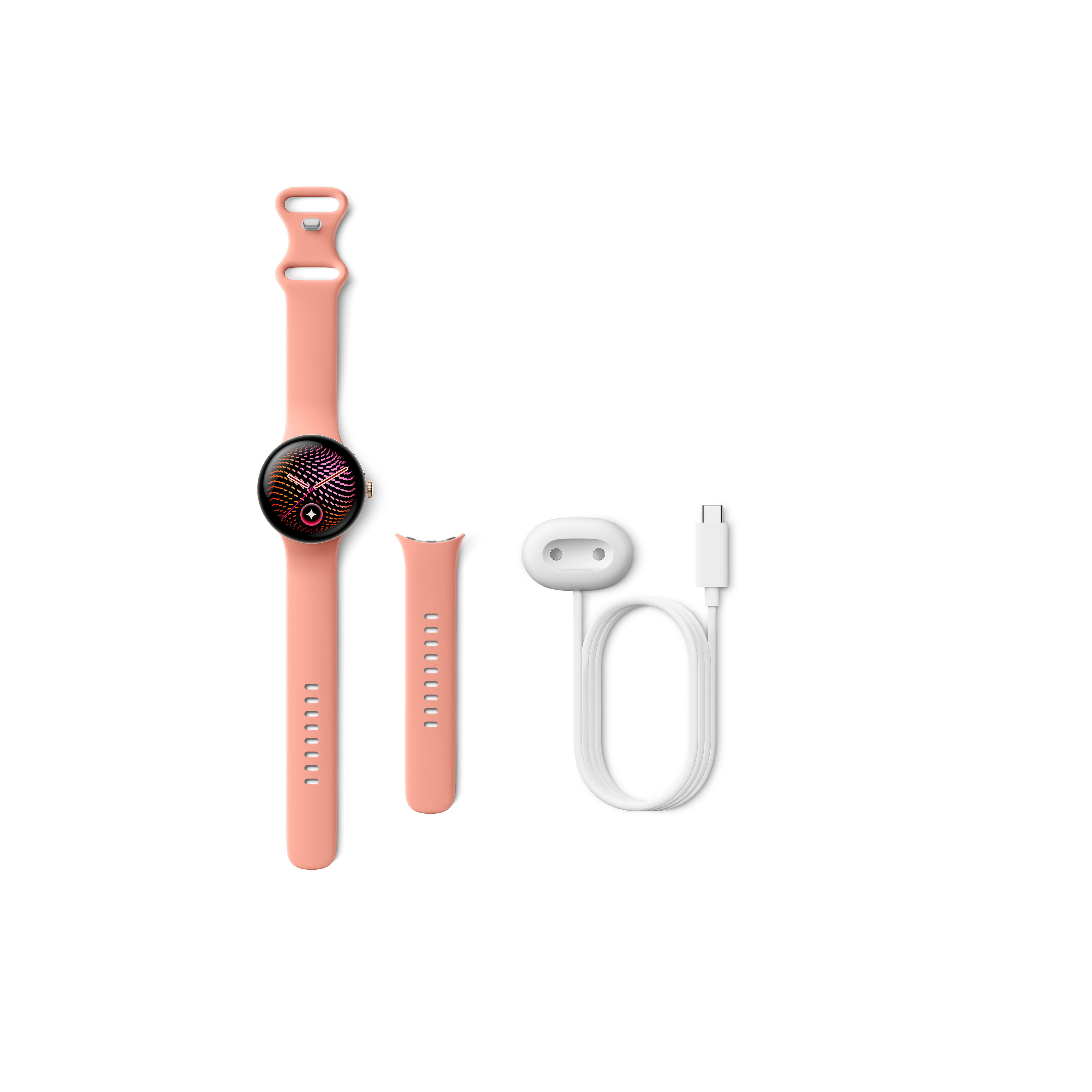 Eine rosa Smartwatch mit Extra-Armband und weißem Ladekabel auf weißem Hintergrund.
