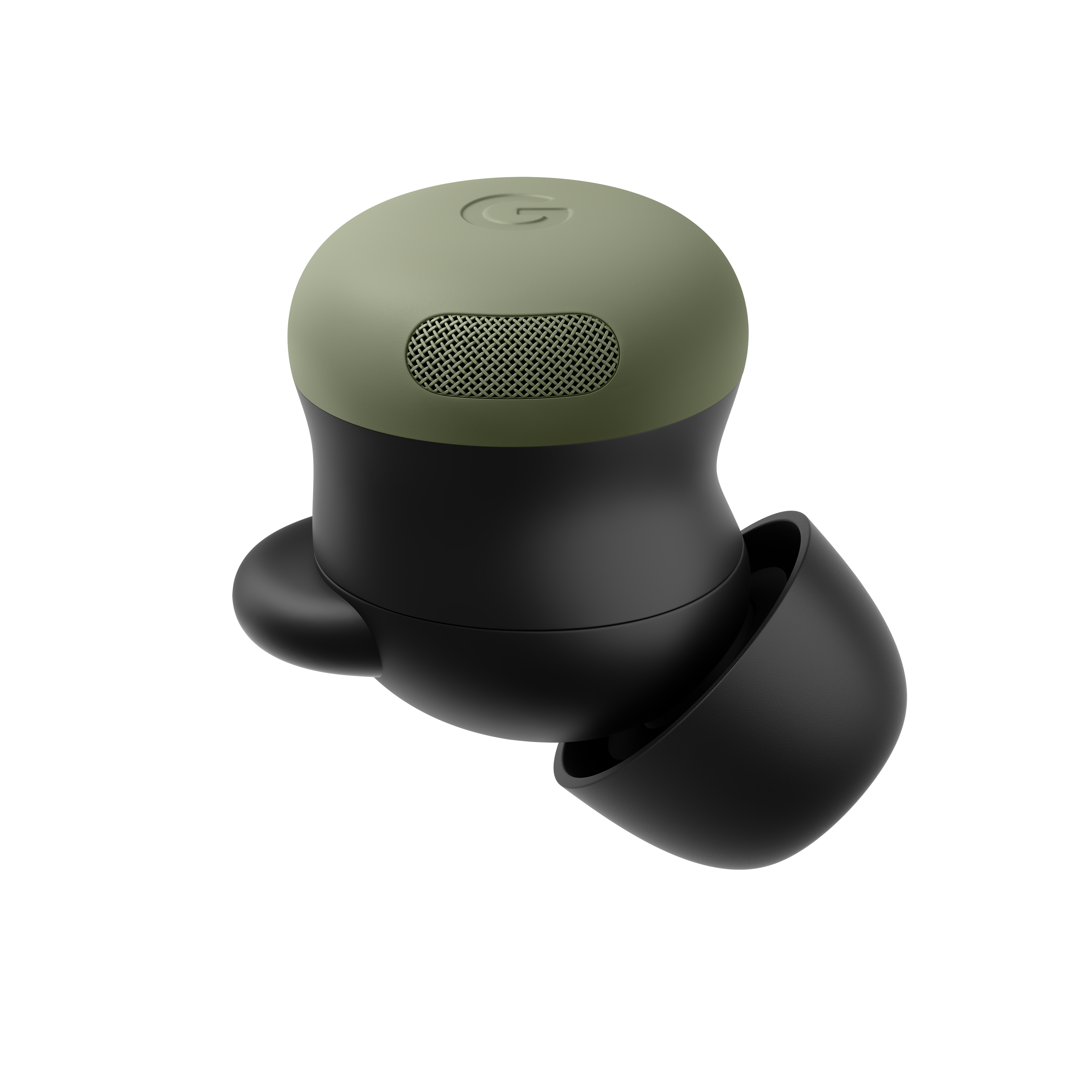 Ein olivgrüner und schwarzer In-Ear-Kopfhörer mit G-Logo auf weißem Hintergrund.