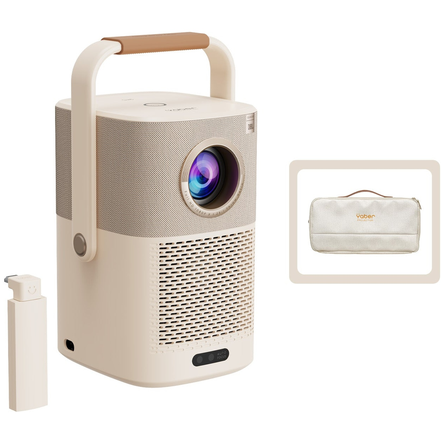 Un projecteur beige avec poignée, une petite télécommande blanche et un sac de transport sur fond blanc.