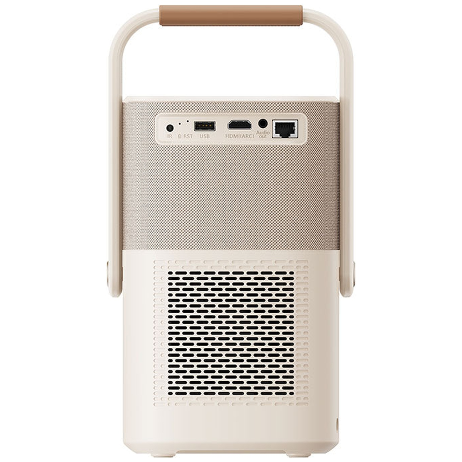 Projecteur beige et marron avec poignée de transport et ports de connexion.