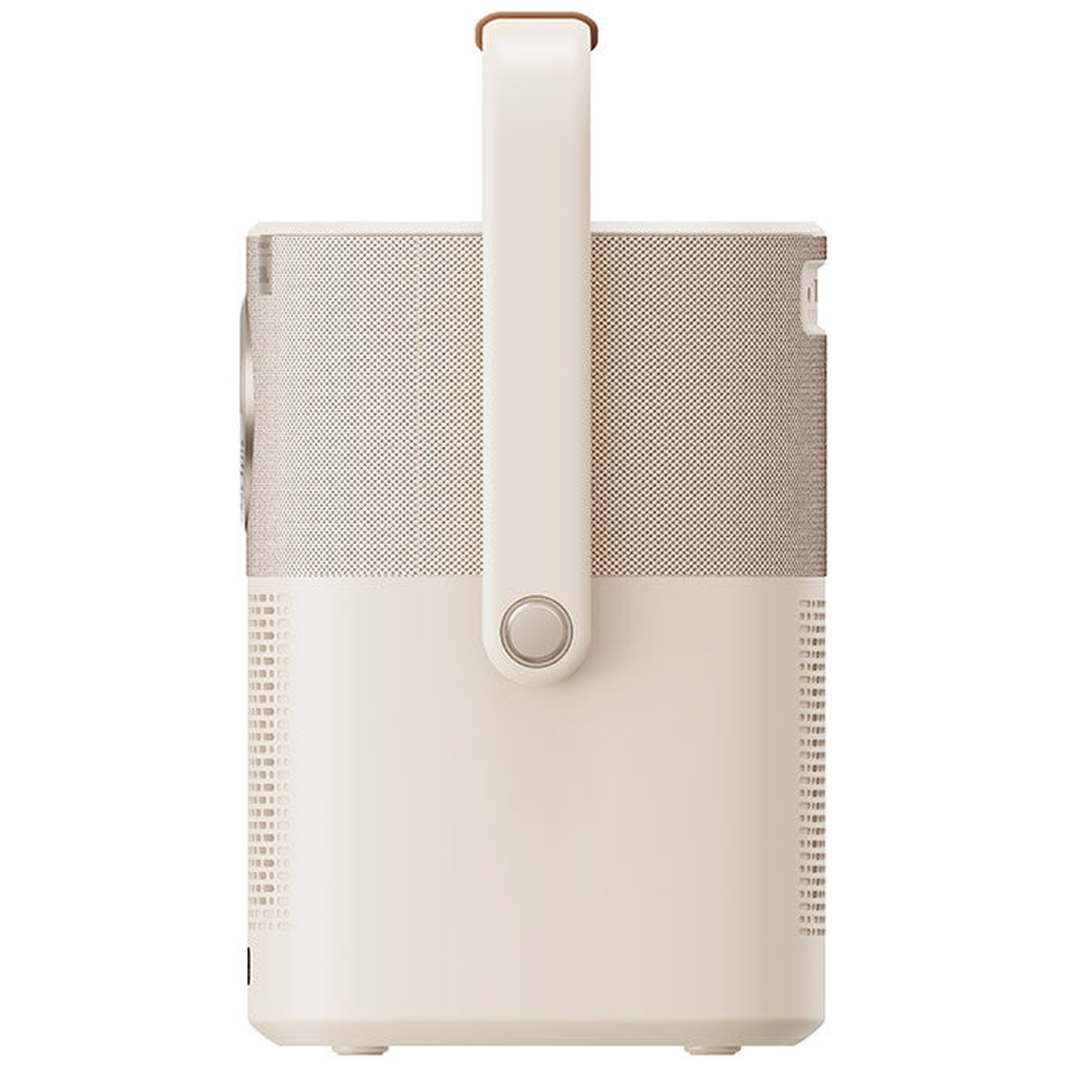 Un projecteur beige doté d'une poignée de transport intégrée sur fond blanc.