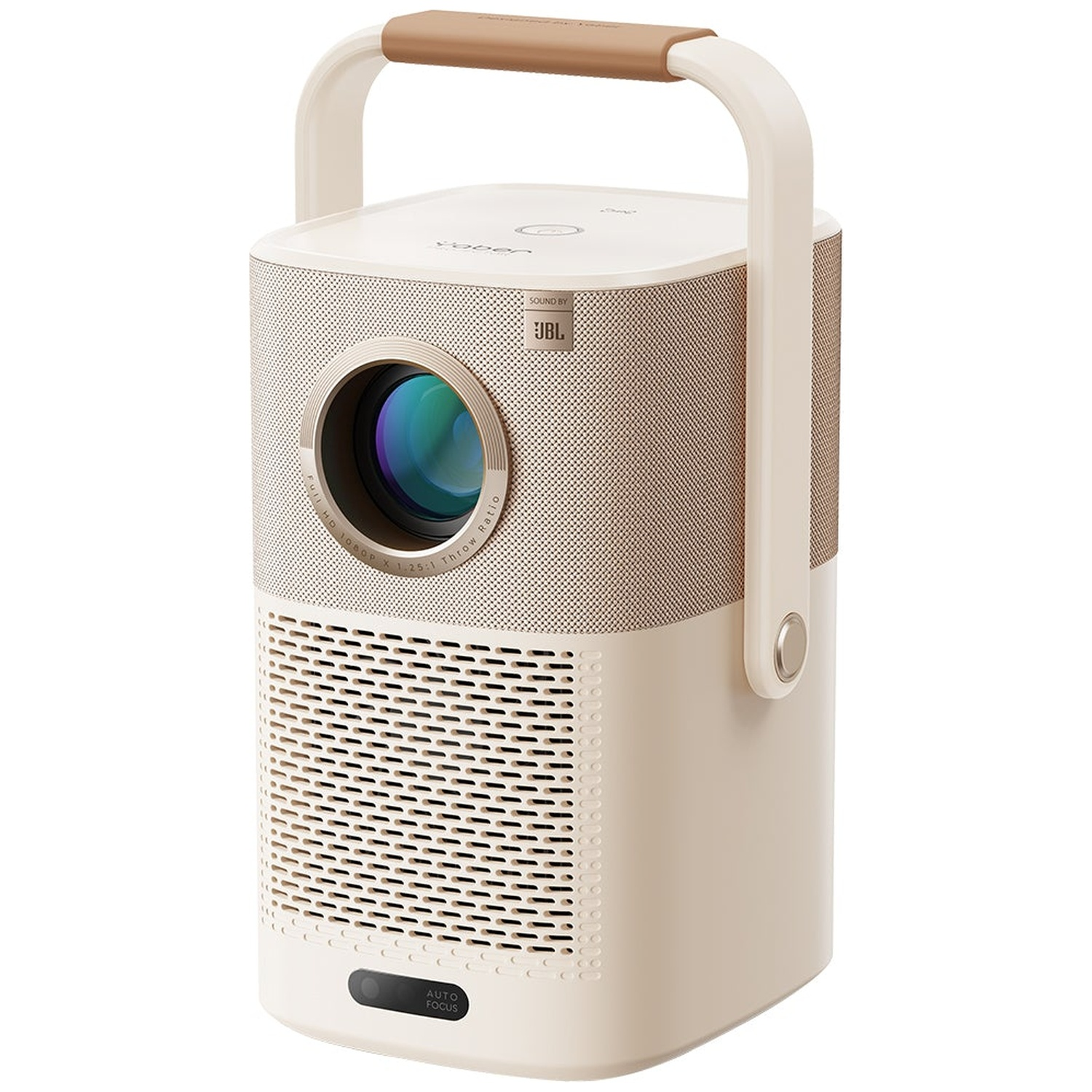 Projecteur couleur crème avec grille de haut-parleur, objectif, poignée en cuir et logo JBL sur fond blanc.