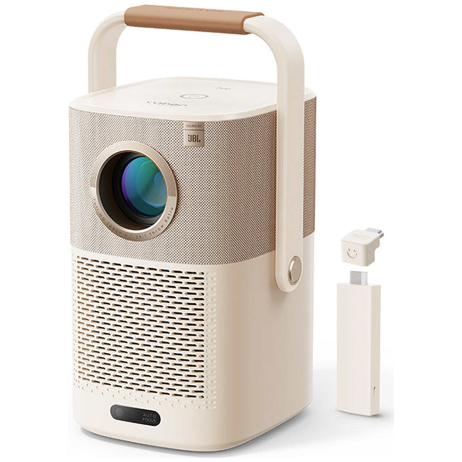 Projecteur portable beige avec poignée, son JBL et une petite clé USB à côté sur fond blanc.