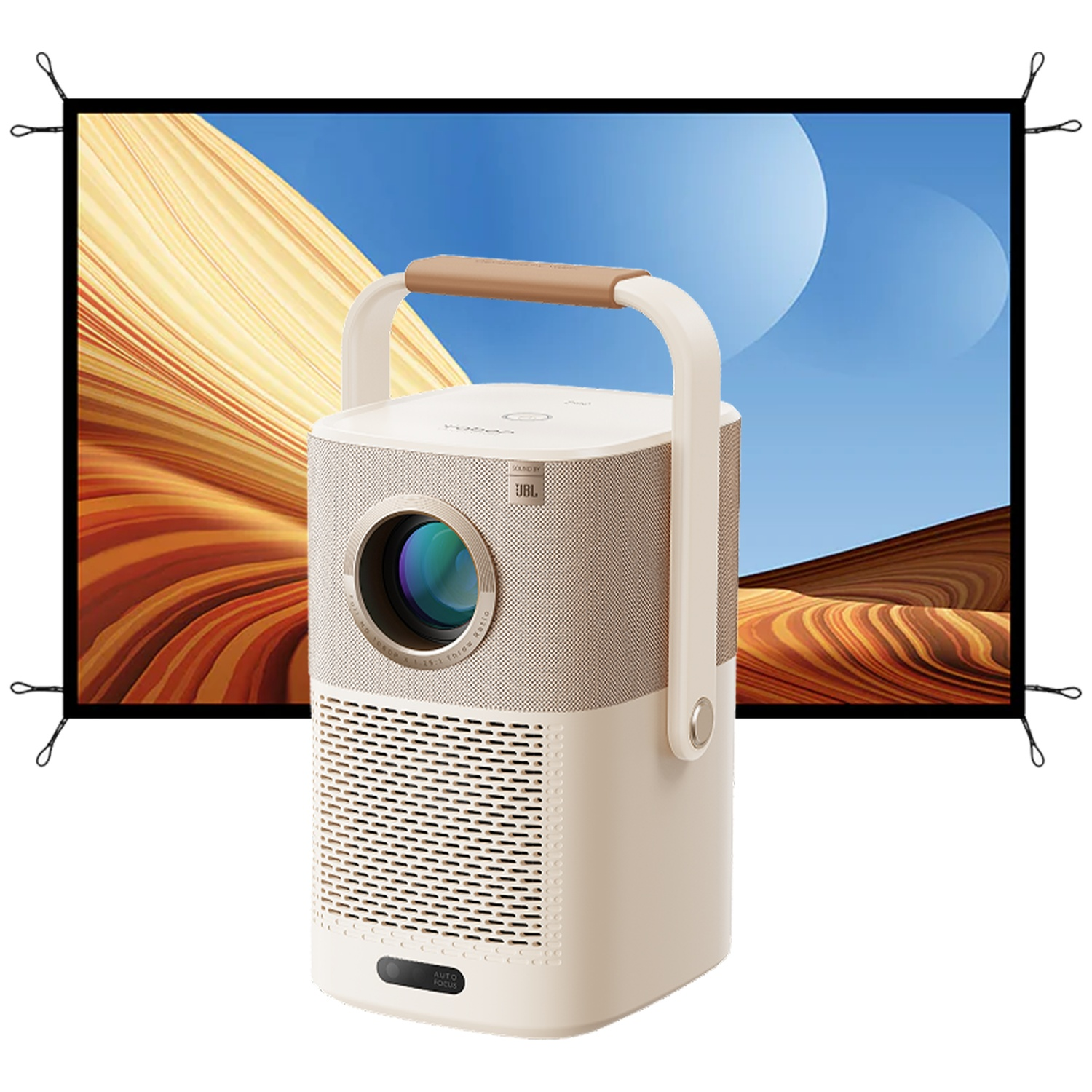 Projecteur beige portable avec poignée devant un écran affichant un paysage désertique.