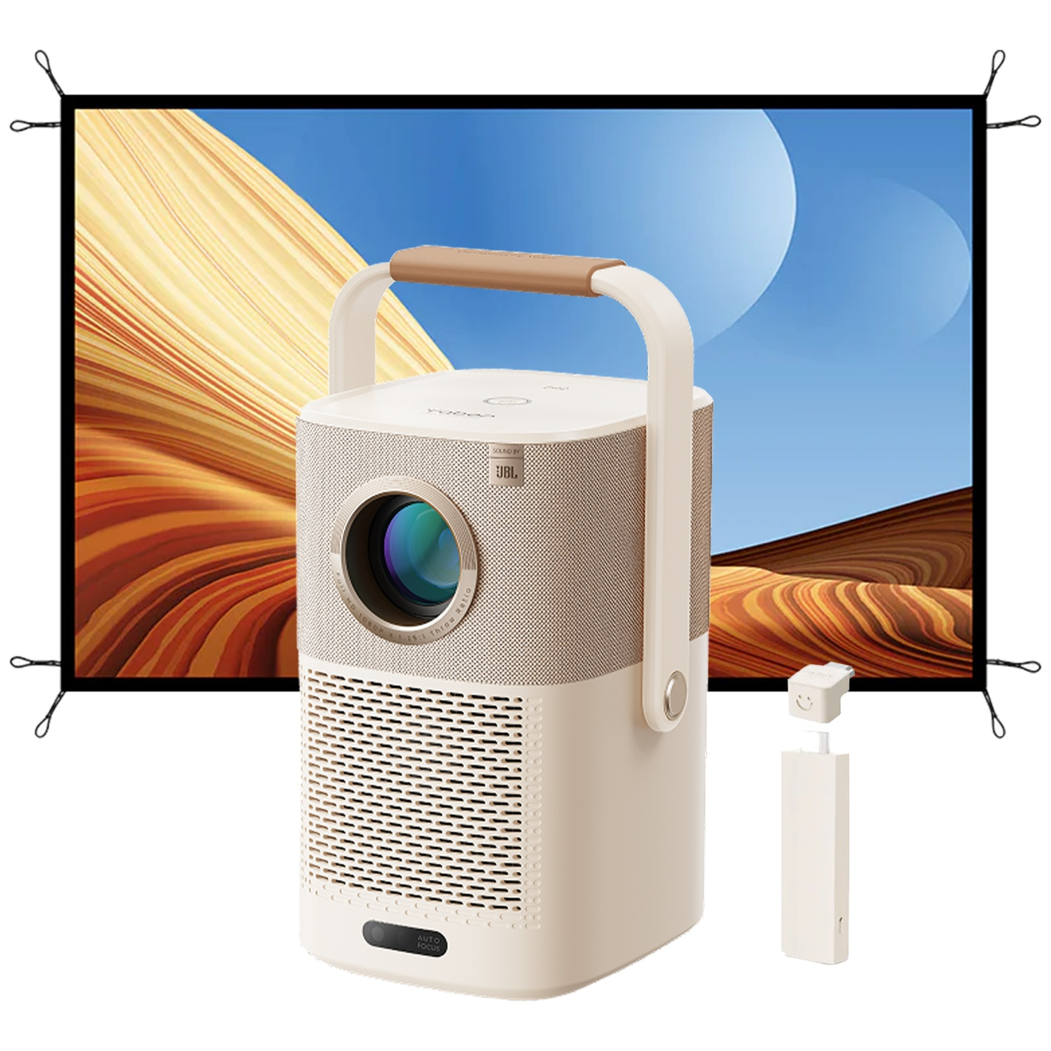 Projecteur portable beige avec poignée devant un écran de projection affichant un paysage désertique.