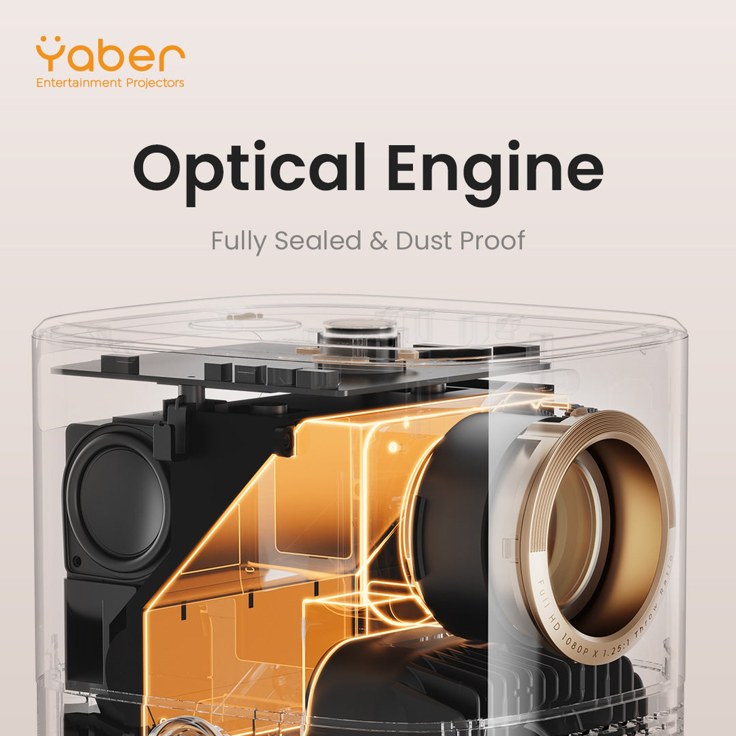 Projecteur Yaber transparent montrant le moteur optique et l'objectif doré.