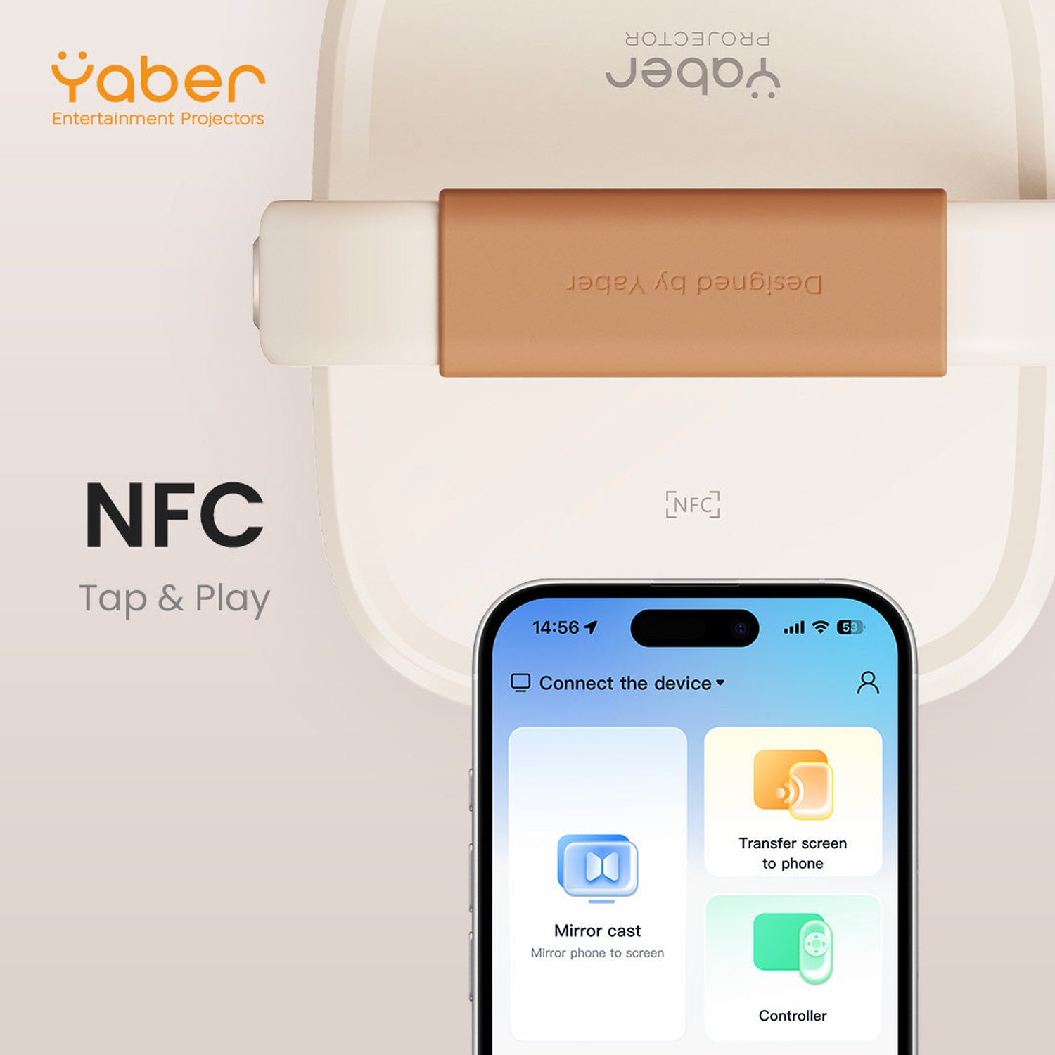 Un projecteur Yaber doté de la fonction NFC et d'un écran de smartphone pour les connexions.