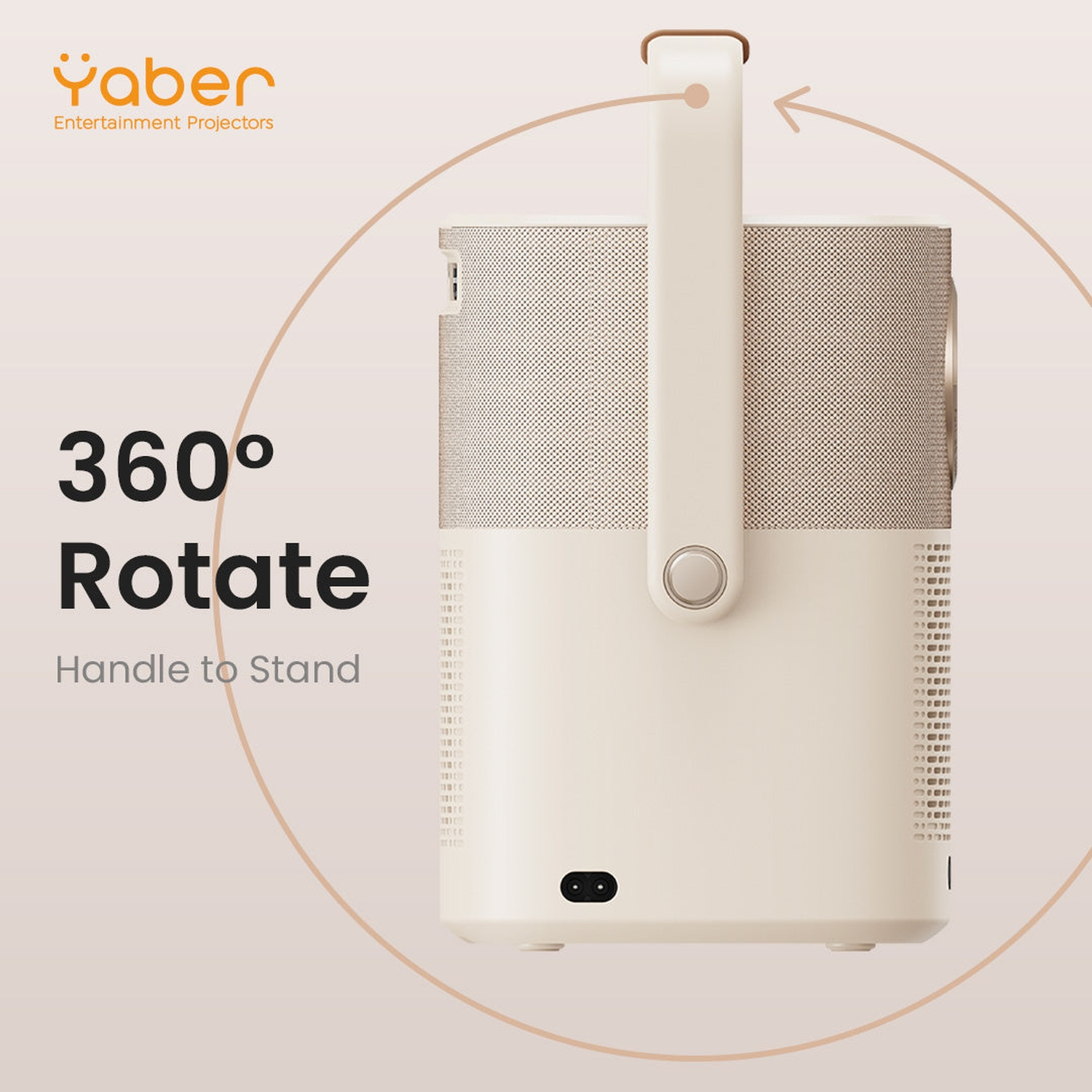 Un projecteur Yaber beige avec poignée rotative et le texte Rotation 360 degrés.