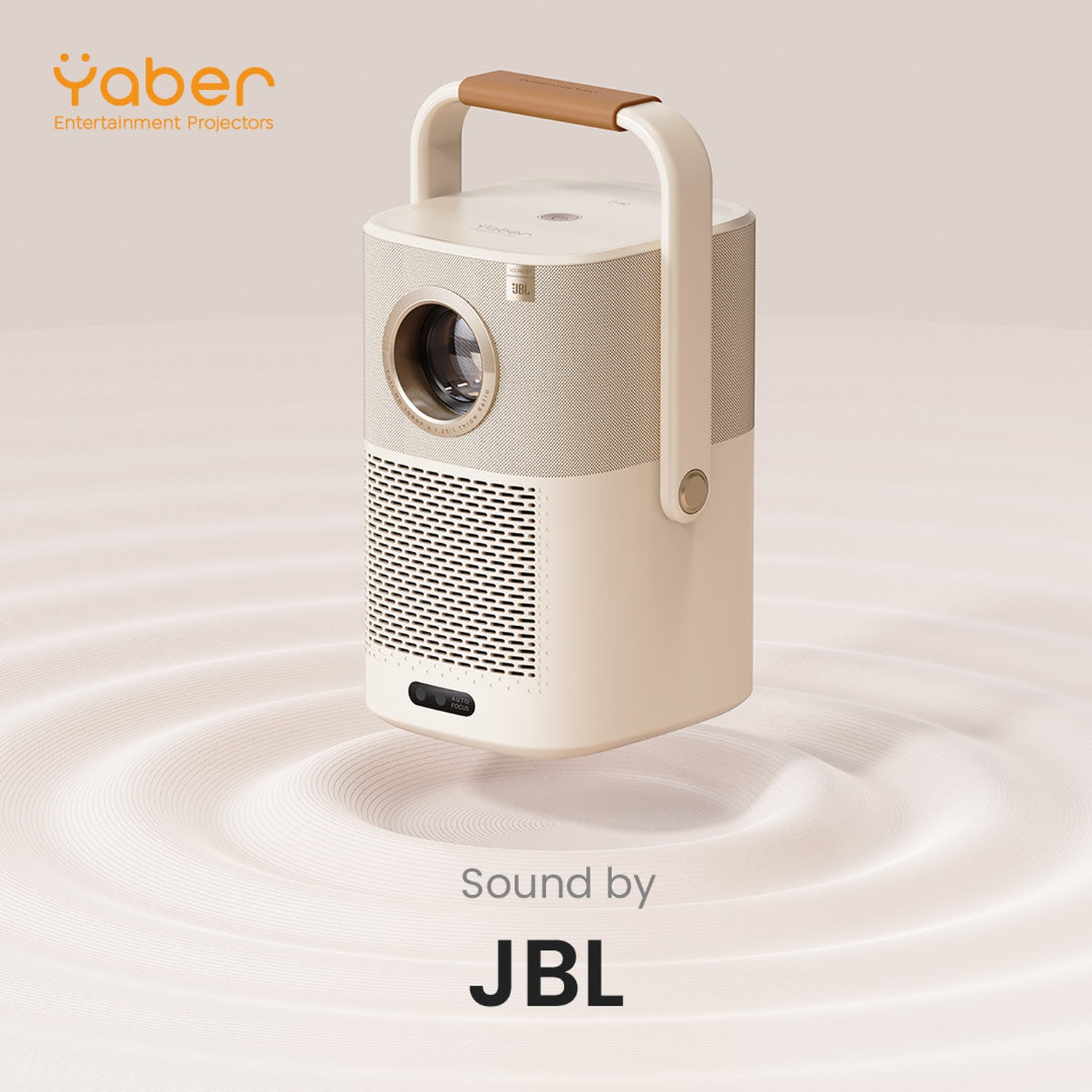Un projecteur Yaber beige avec audio JBL et poignée flotte sur des ondes circulaires.