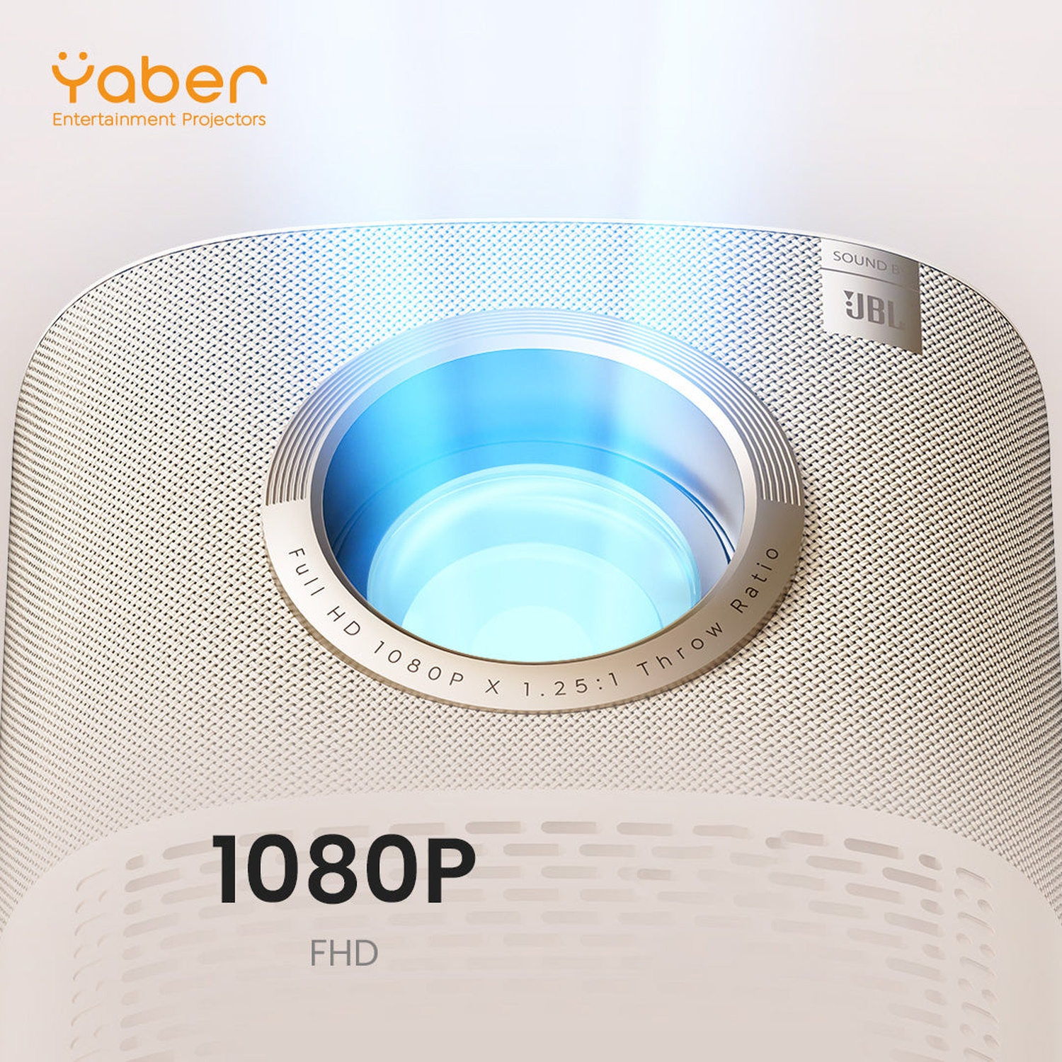 Un projecteur Yaber blanc avec une lentille bleue lumineuse, son JBL et résolution 1080P.