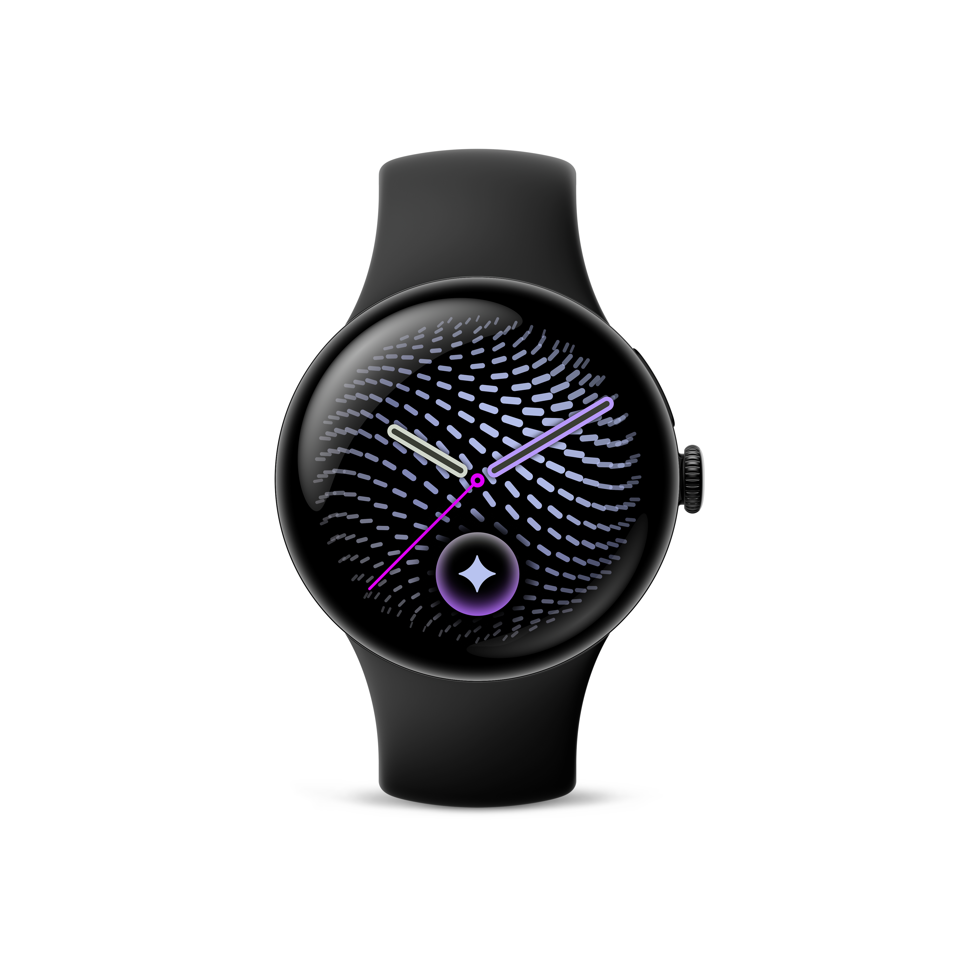 Eine schwarze Smartwatch mit rundem Display und Mustermotiv.