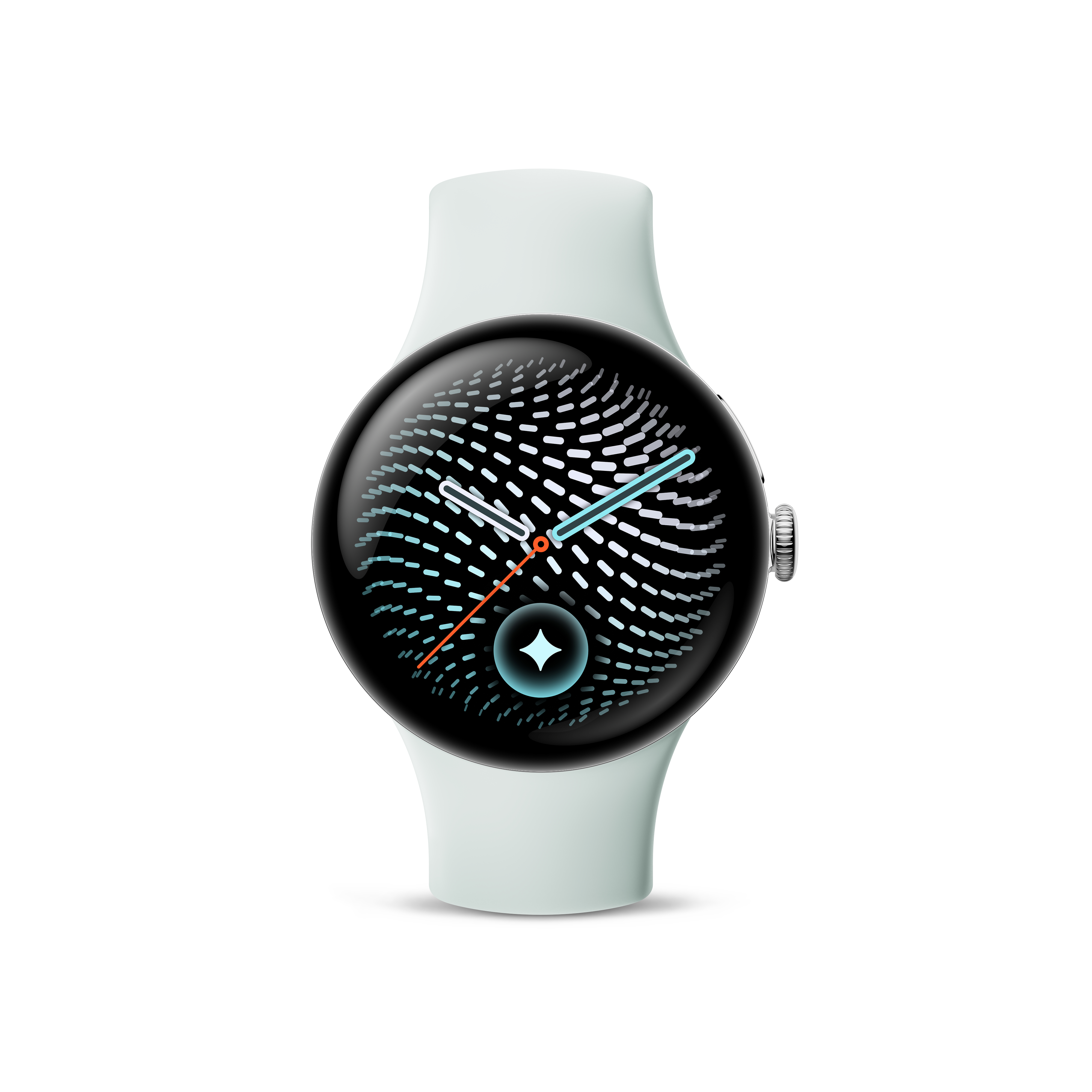 Eine weiße Smartwatch mit rundem Display zeigt weiße und blaue Zeiger auf gemustertem Grund.