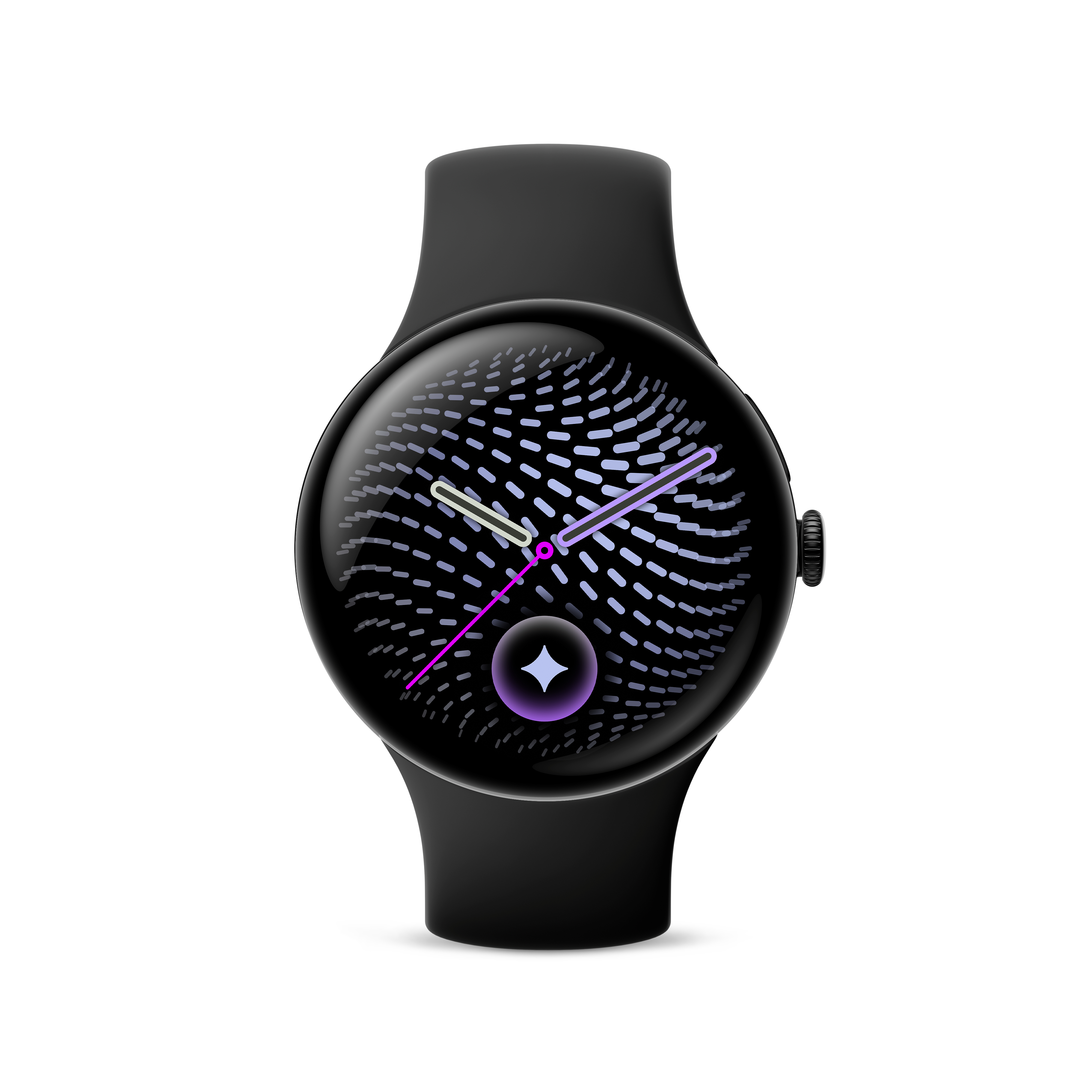 Schwarze Smartwatch mit rundem Display, das ein Muster aus kurzen blauen Linien und drei Zeigern zeigt.