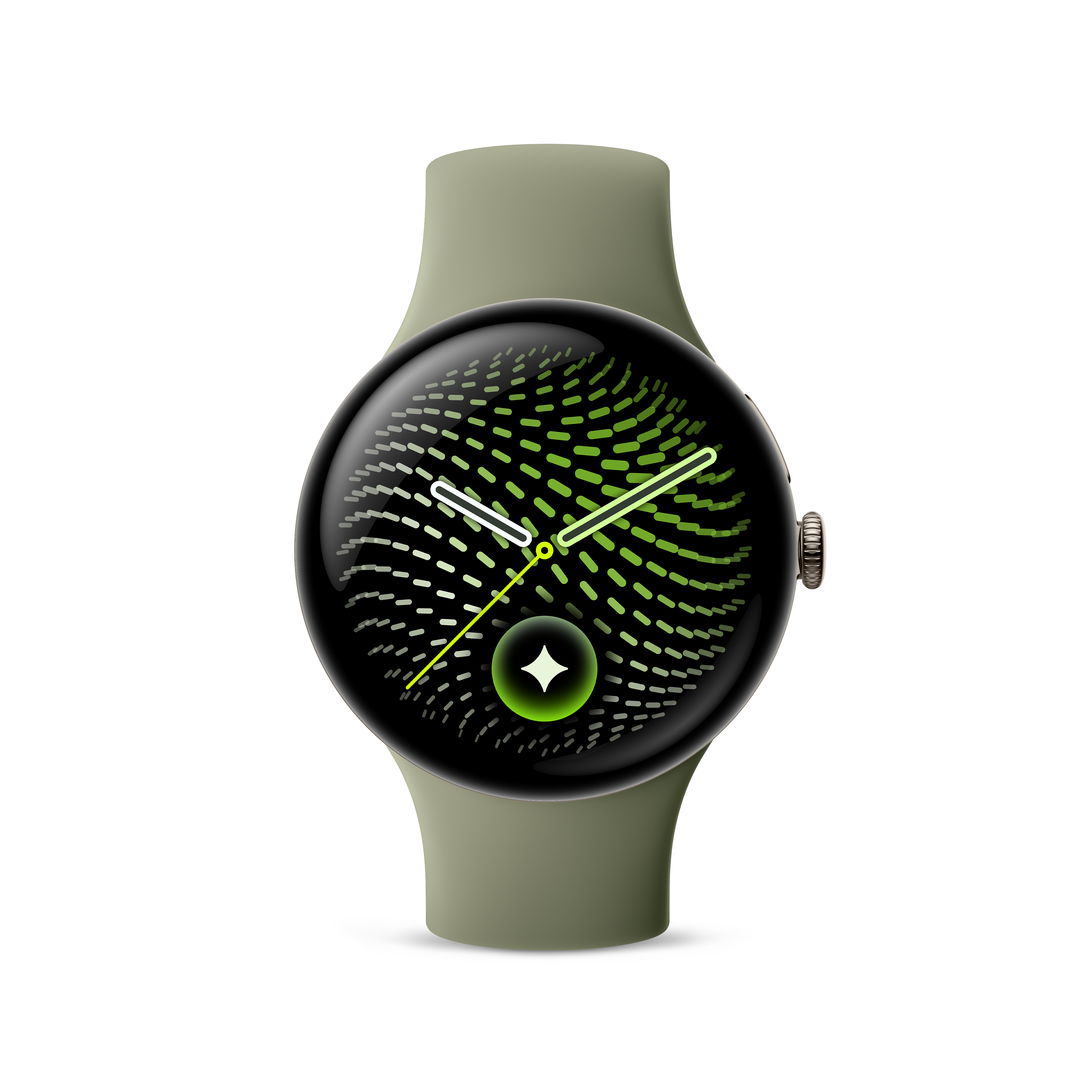 Eine olivgrüne Smartwatch mit rundem Display zeigt grüne Muster und weiße Zeiger vor weißem Hintergrund.