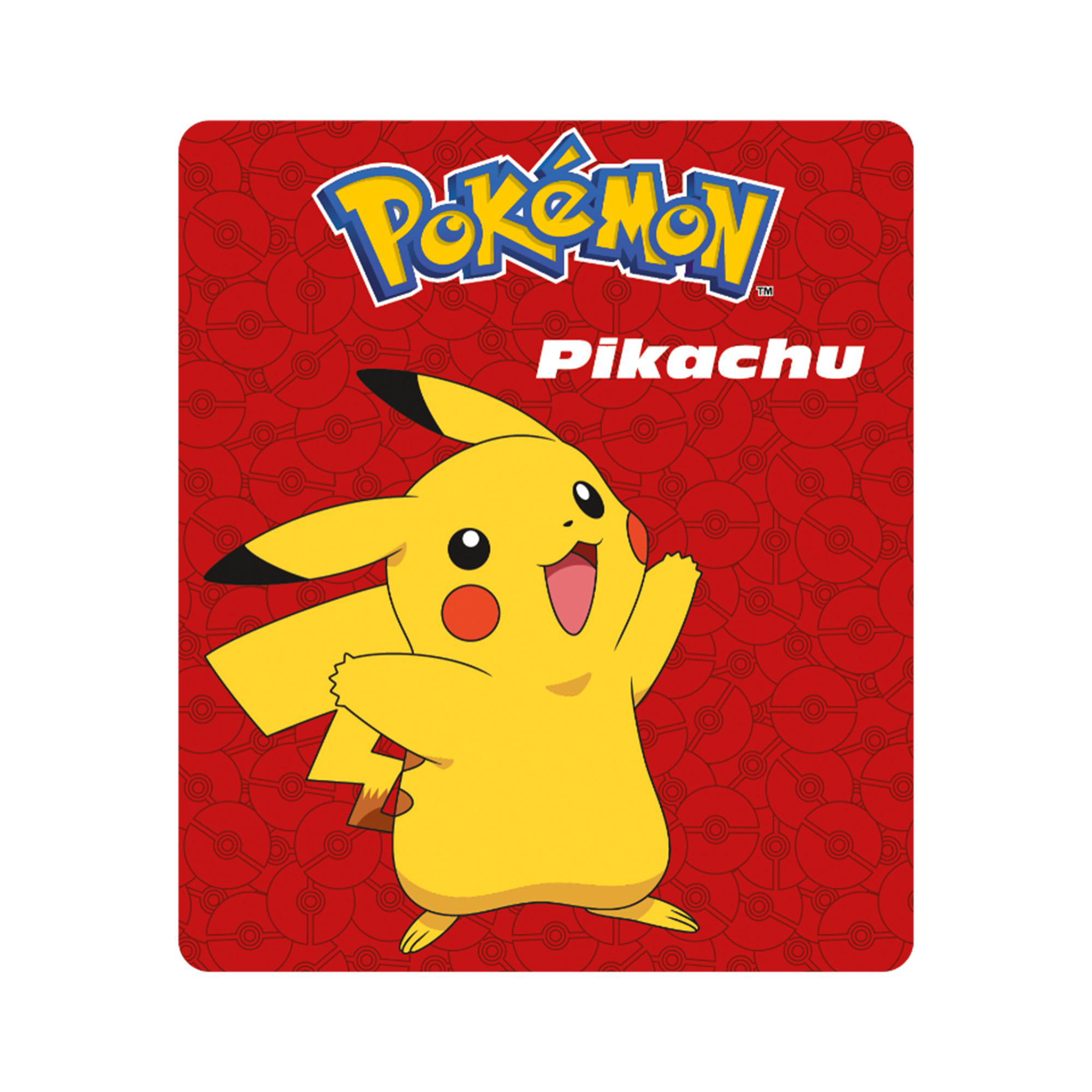 Pikachu vor rotem Hintergrund mit Pokébällen und Pokémon-Logo.