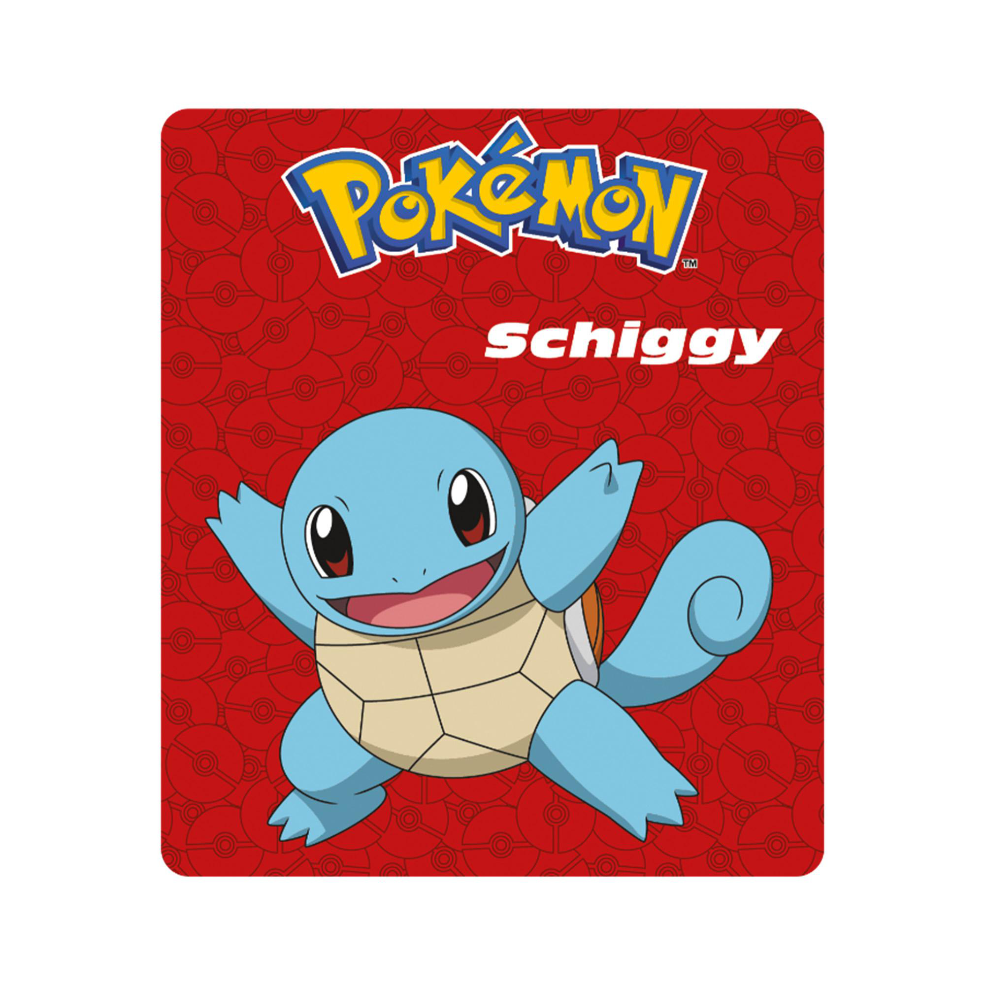 Blaue Pokémon-Figur Schiggy vor rotem Hintergrund mit Pokébällen und Pokémon-Logo.