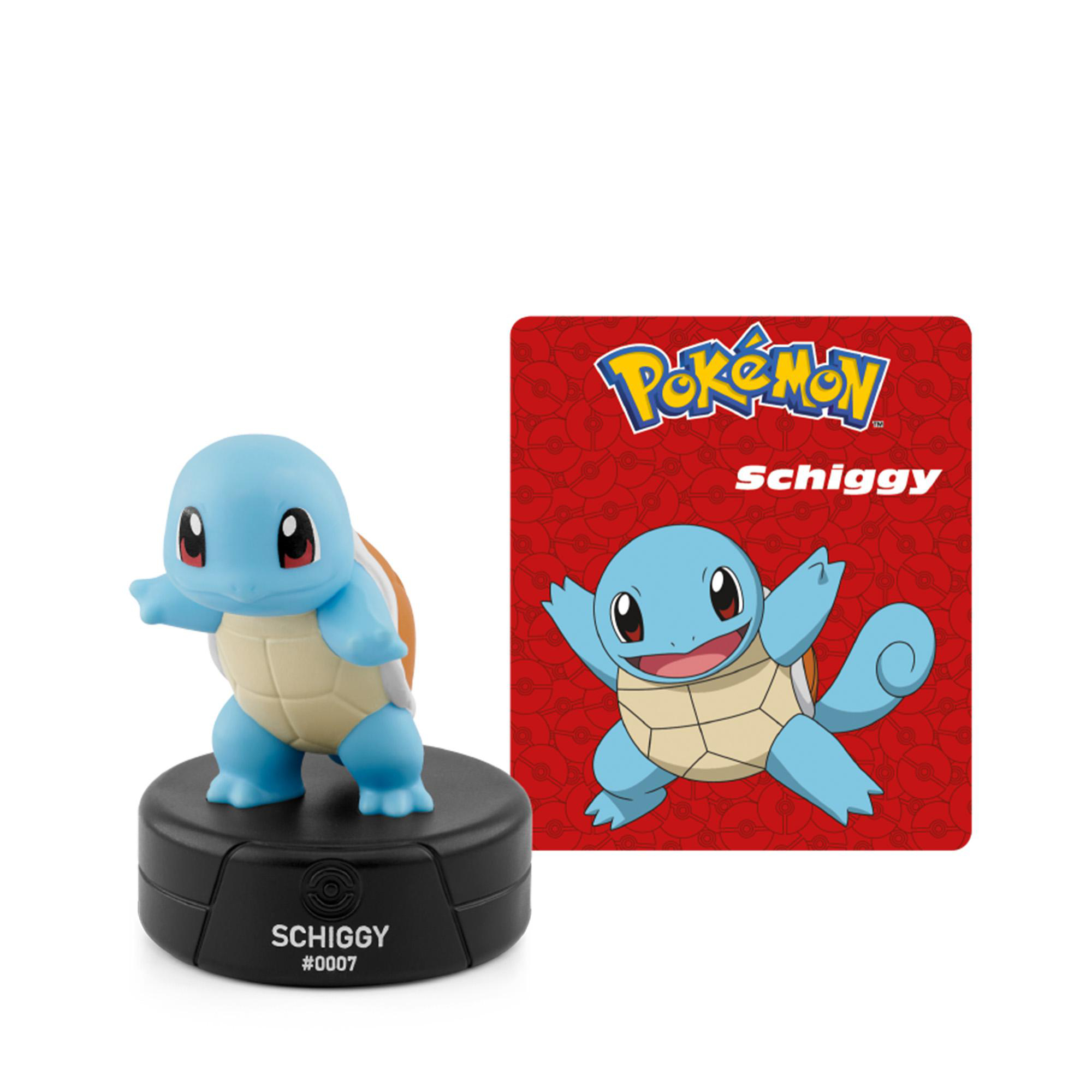 Eine Blaue Squirtle Pokémon-Figur auf einem schwarzen Sockel neben einer roten Karte mit dem Pokémon.