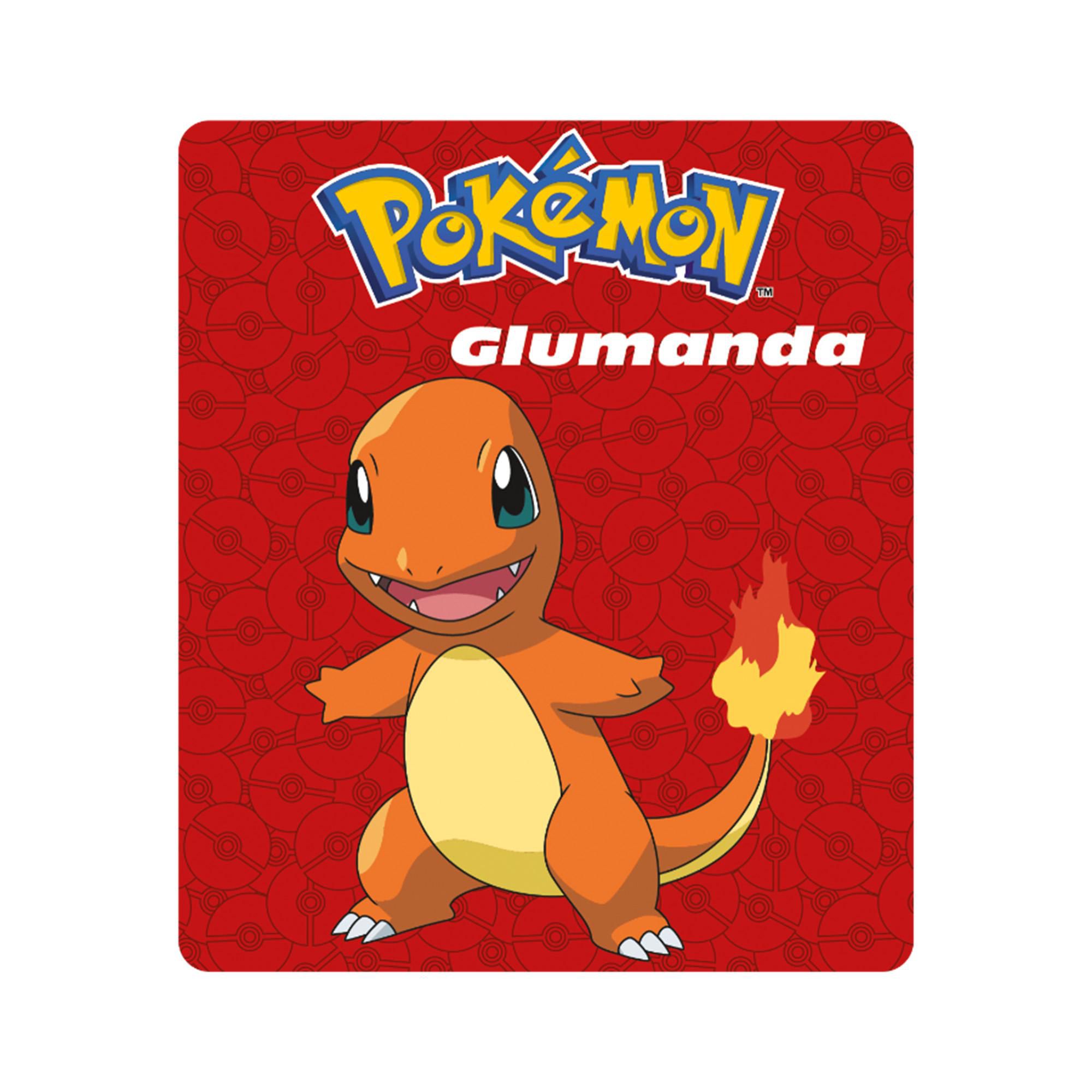 Charmander-Pokémon auf rotem Hintergrund mit Pokeball-Muster und Pokemon-Schriftzug.