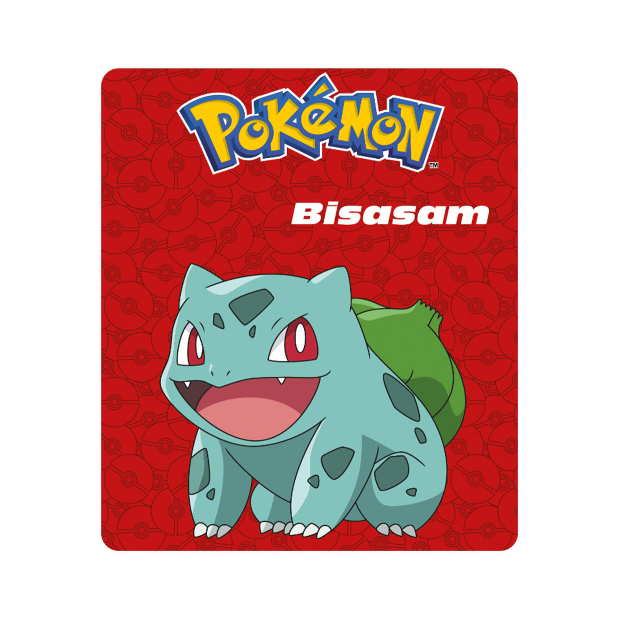 Bulbasaur Pokémon auf rotem Hintergrund mit dem Wort Bisasam und dem Pokémon-Logo.