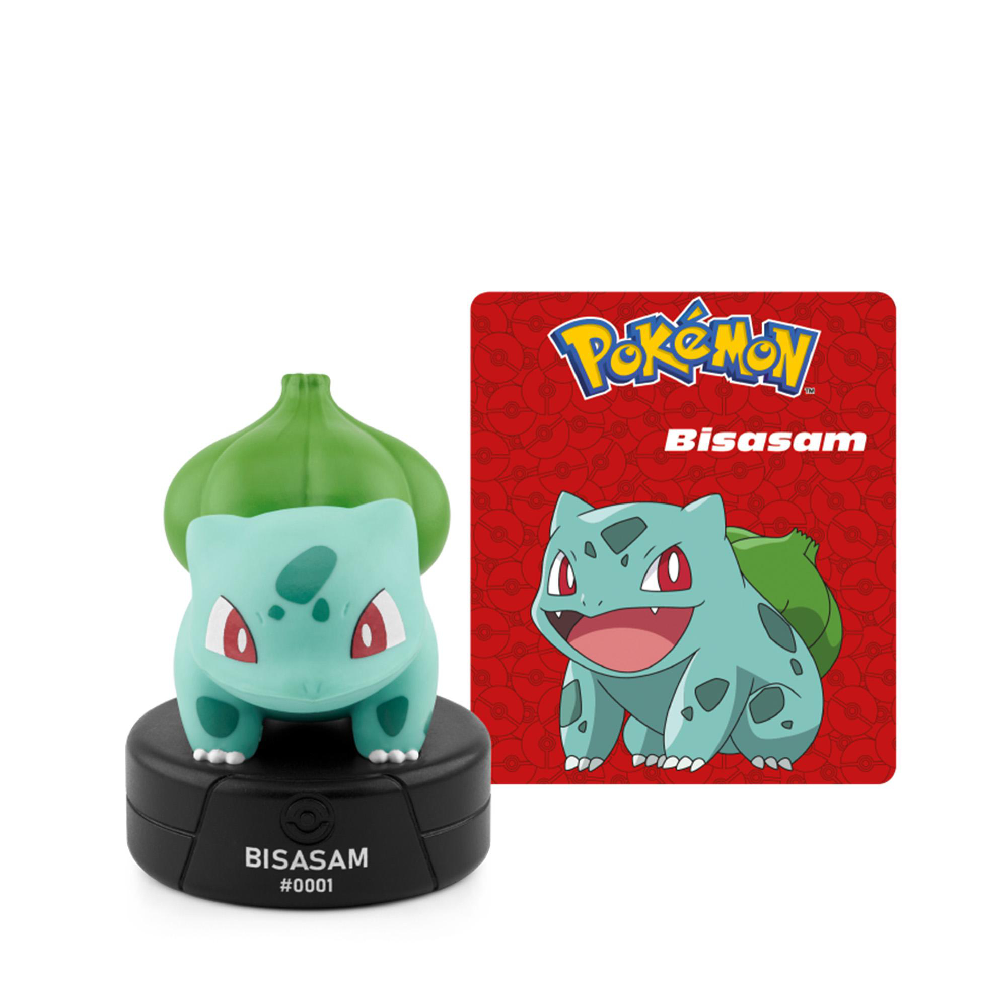 Eine Bisasam-Pokémon-Figur auf einem schwarzen Sockel neben einer roten Karte mit dem Pokémon-Logo und Bisasam.