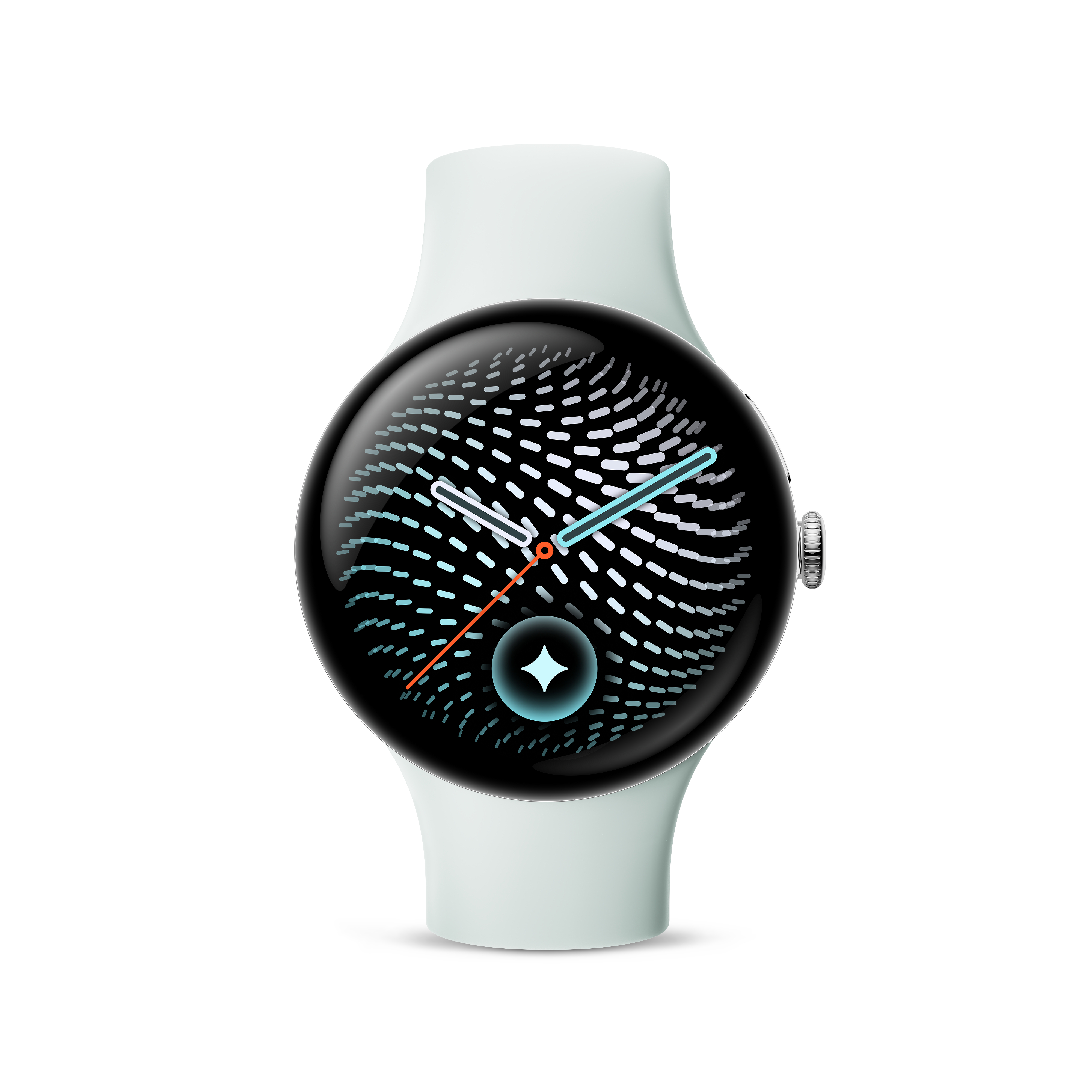 Eine weiße Smartwatch mit rundem schwarzen Zifferblatt, gemusterten Zeigern und Krone auf weißem Hintergrund.