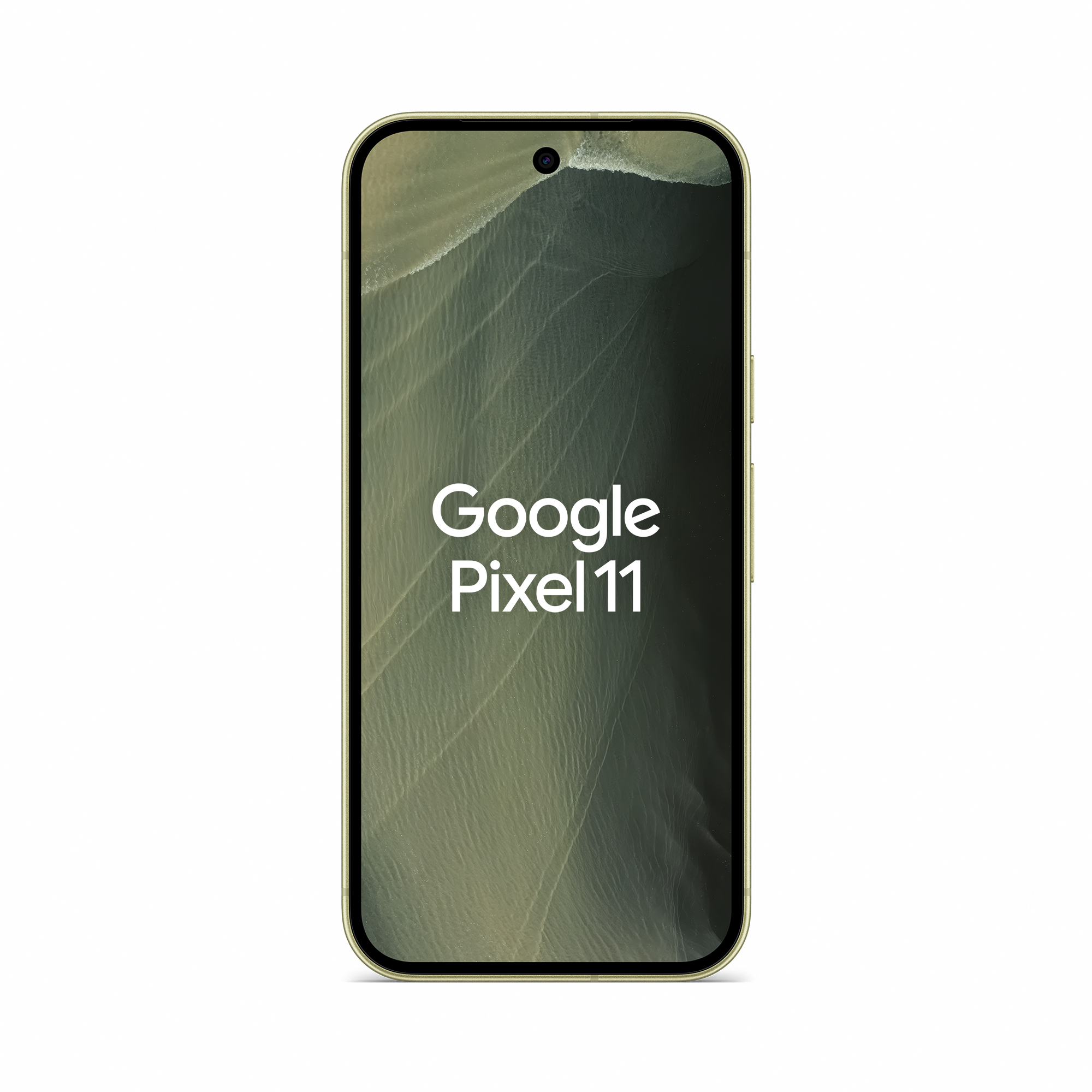 Ein goldenes Google Pixel 11 Smartphone zeigt den Text 'Google Pixel 11' auf dem Bildschirm.