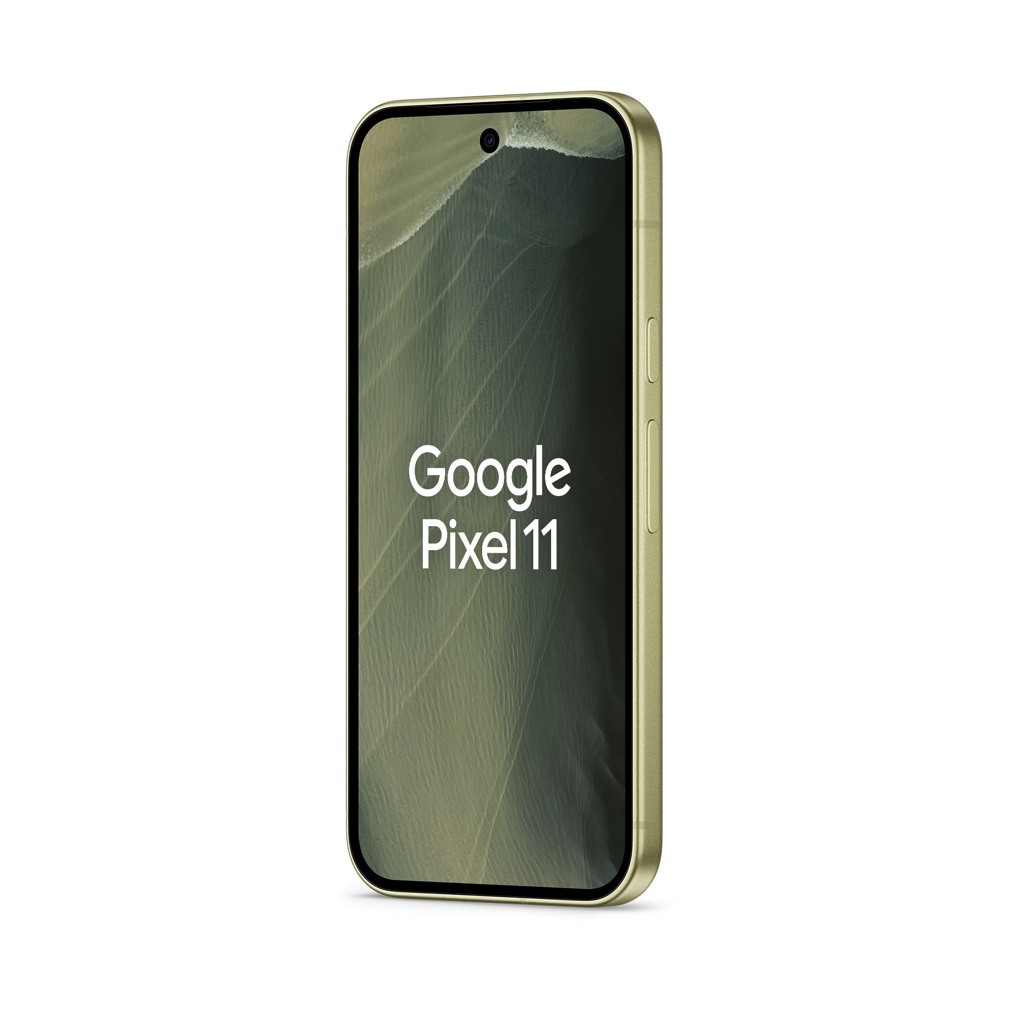 Ein goldenes Google Pixel 11 Smartphone steht auf einem weißen Hintergrund und zeigt den Text 'Google Pixel 11'.