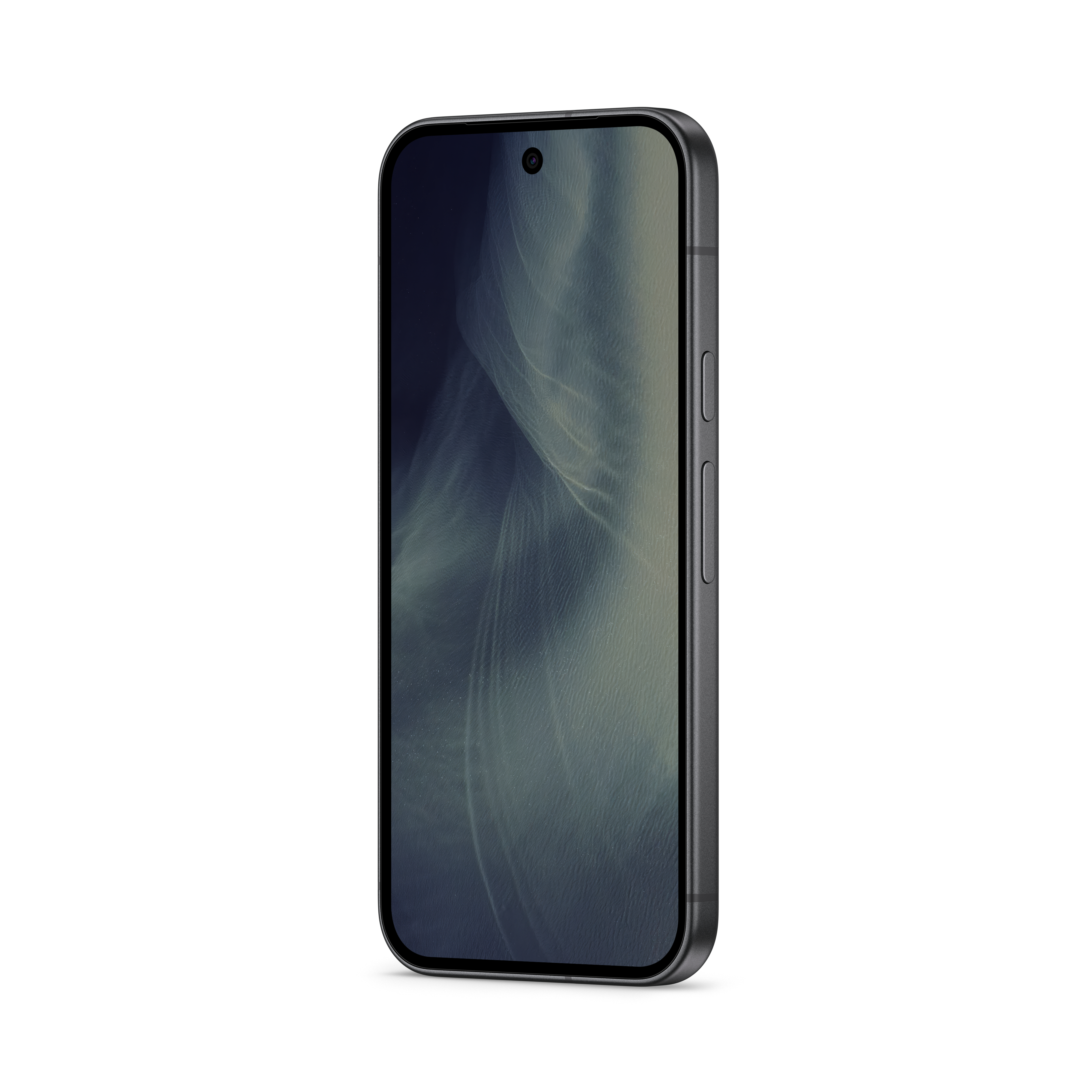 Ein schwarzes Smartphone mit abgerundeten Ecken und Wellenmuster auf dem Display auf weißem Hintergrund.