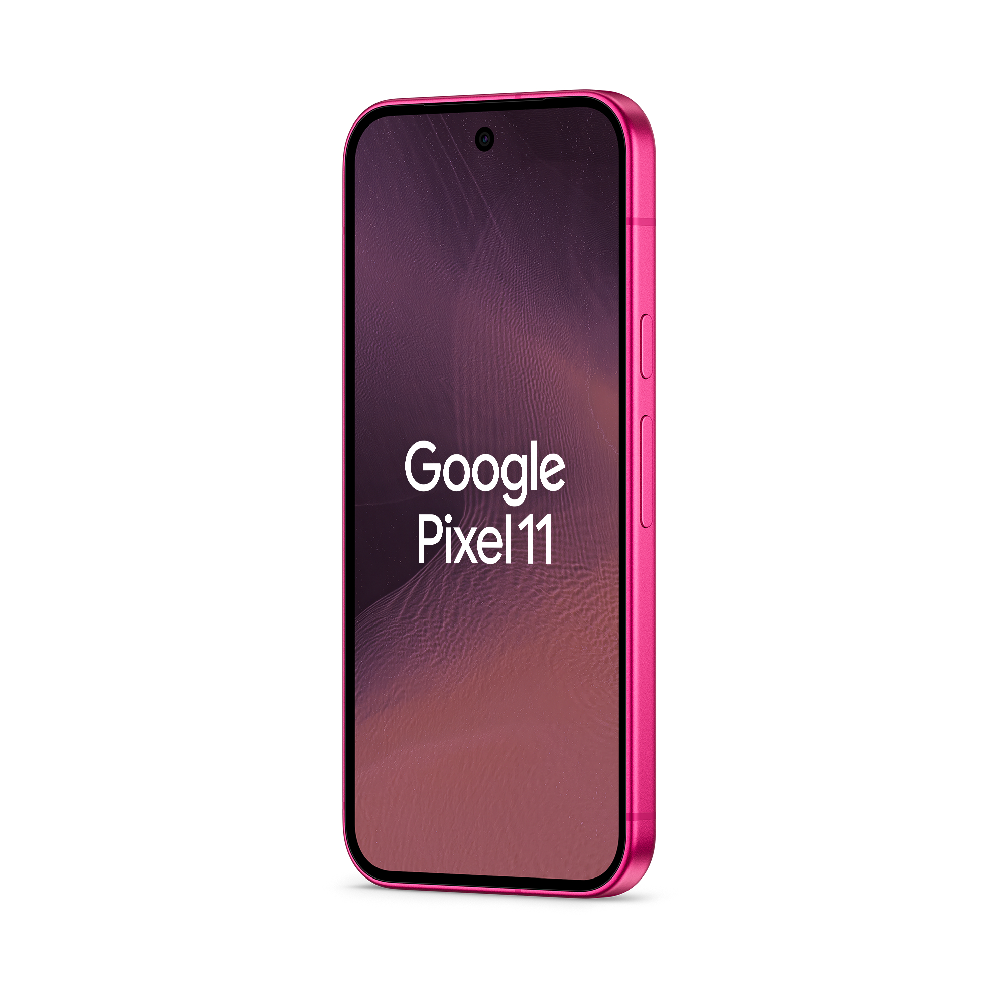 Ein pinkes Google Pixel 11 Smartphone mit abgerundeten Ecken und dem Text Google Pixel 11 auf dem Bildschirm.