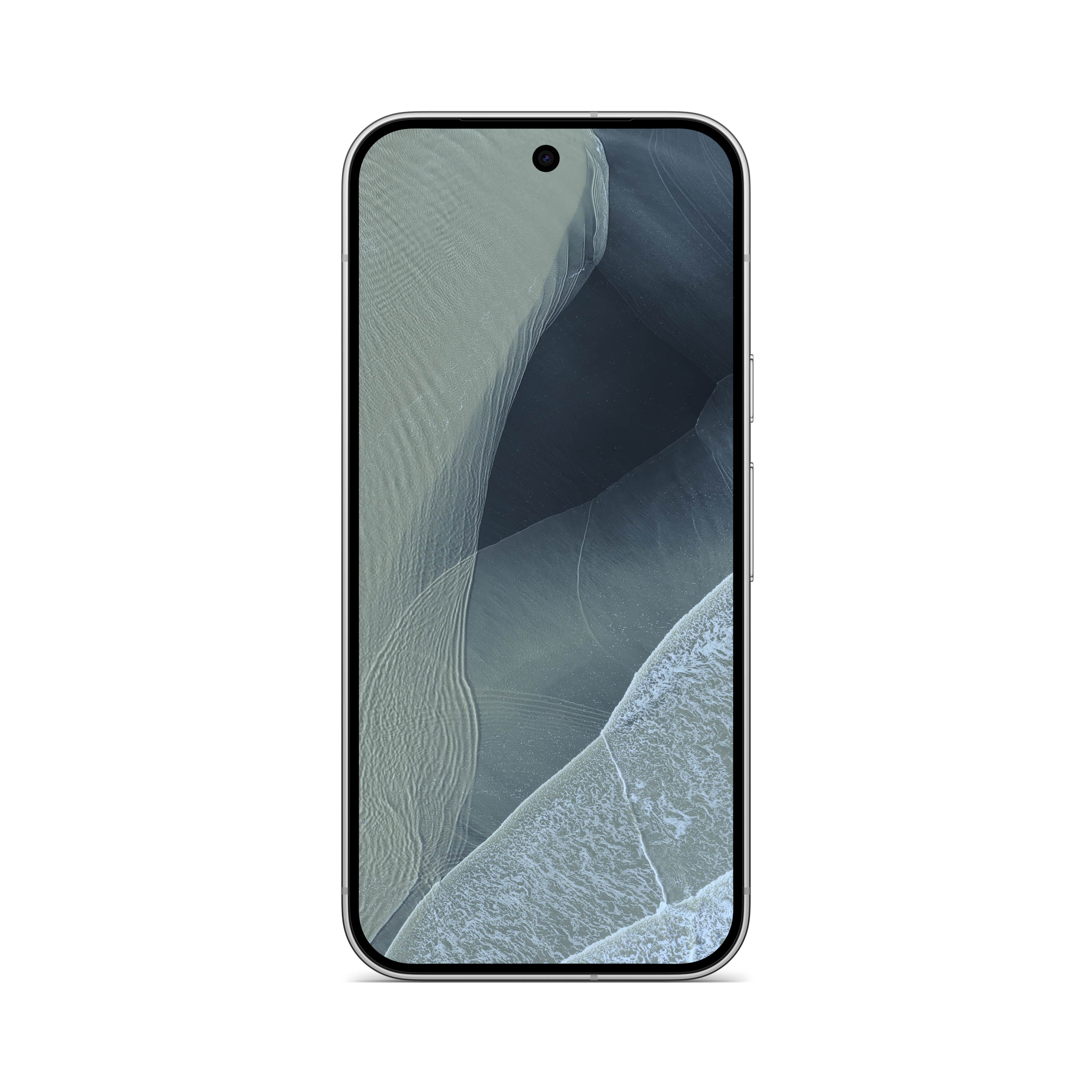 Ein Smartphone mit silbernem Rahmen zeigt ein Luftbild-Hintergrundbild mit Meereswellen und Sandstränden.