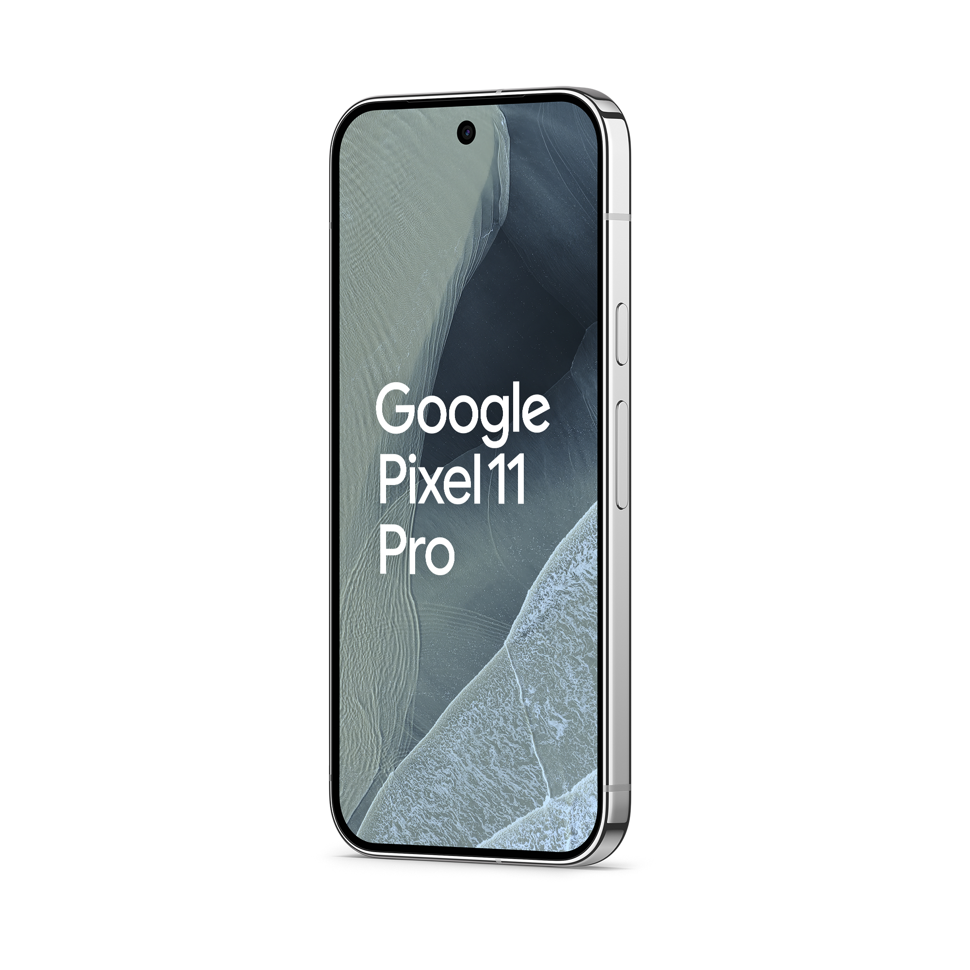Ein silbernes Google Pixel 11 Pro Smartphone steht schräg auf weißem Hintergrund mit Text auf dem Display.