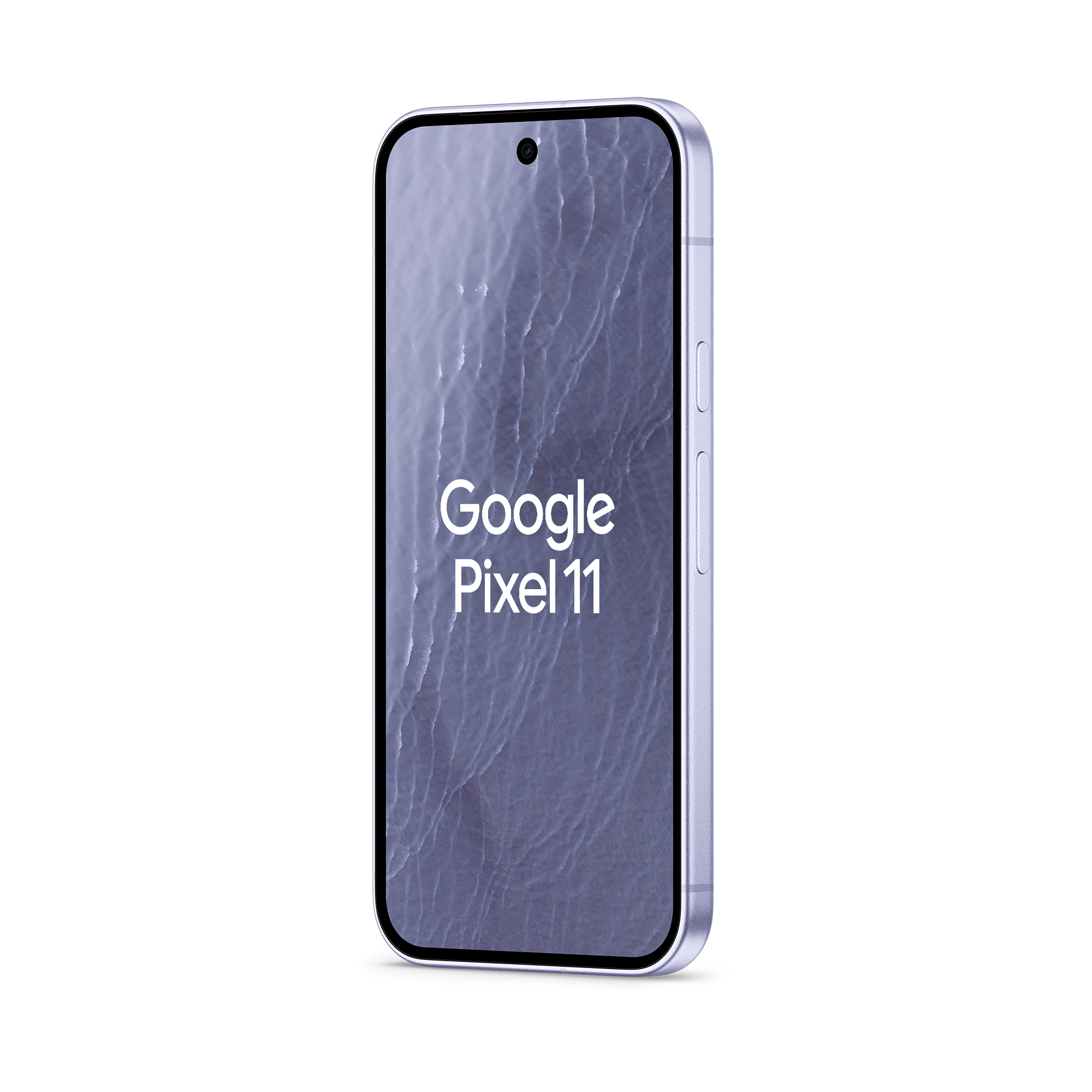 Ein violettes Google Pixel 11 Smartphone zeigt den Markennamen auf dem Bildschirm vor weißem Hintergrund.
