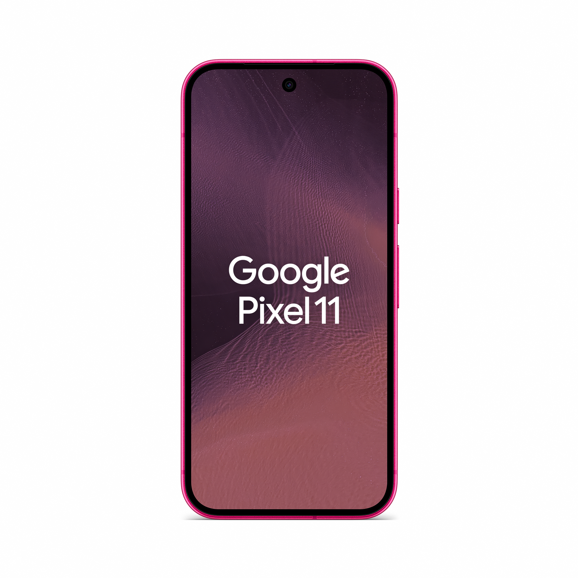 Ein pinkes Google Pixel 11 Smartphone mit dunklem, wellenförmigem Hintergrund und weißem Text auf dem Display.