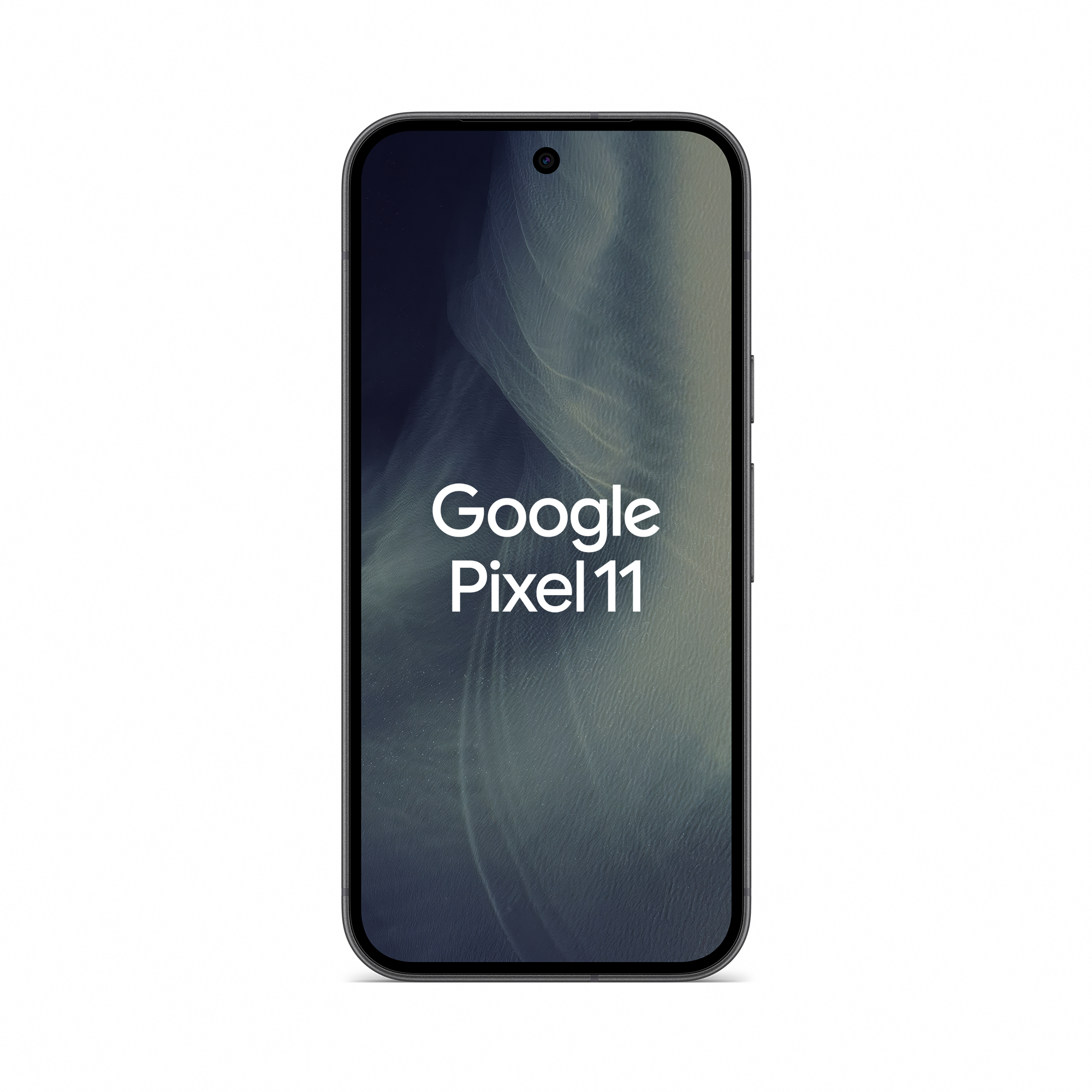 Ein schwarzes Google Pixel 11 Smartphone zeigt den Text 'Google Pixel 11' auf dem Bildschirm vor weißem Hintergrund.