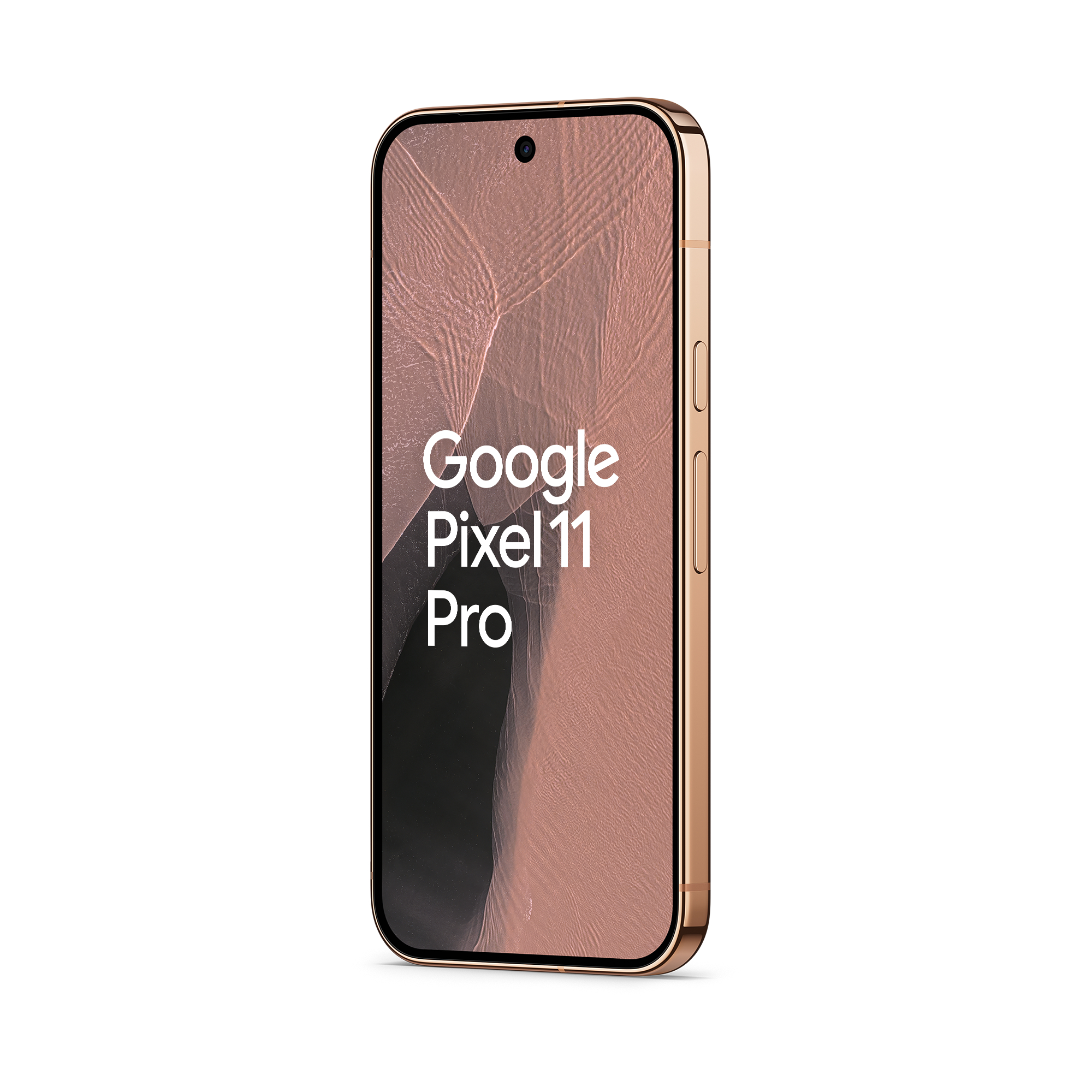 Ein roségoldenes Google Pixel 11 Pro Smartphone zeigt den Markennamen auf dem Display vor weißem Hintergrund.